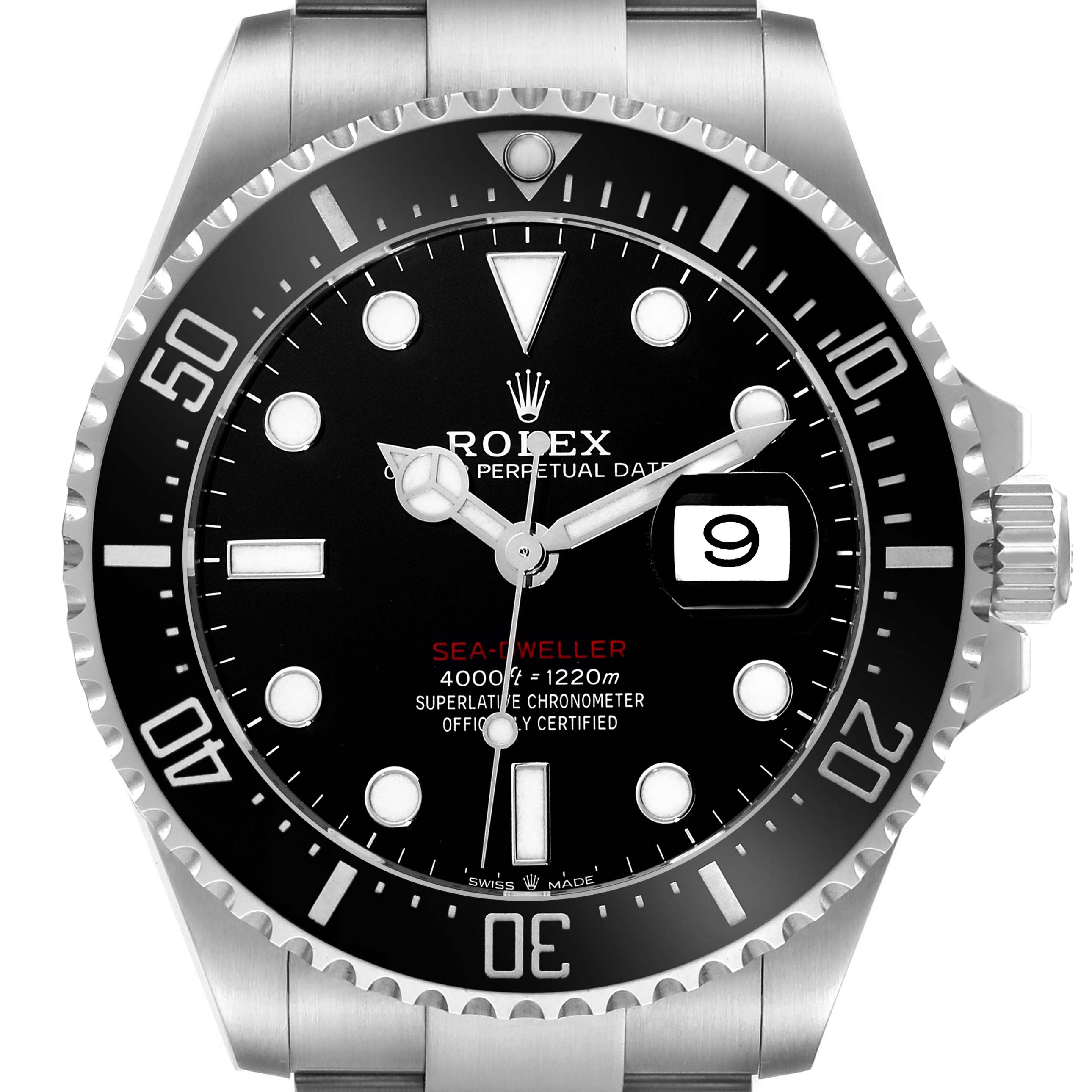 The image shows a front view of the Rolex Sea-Dweller 126600 Men
s Stainless Steel Black Dial 126600 Men
s Stainless Steel Black Dial watch, showcasing the dial, bezel, hands, and date magnification.