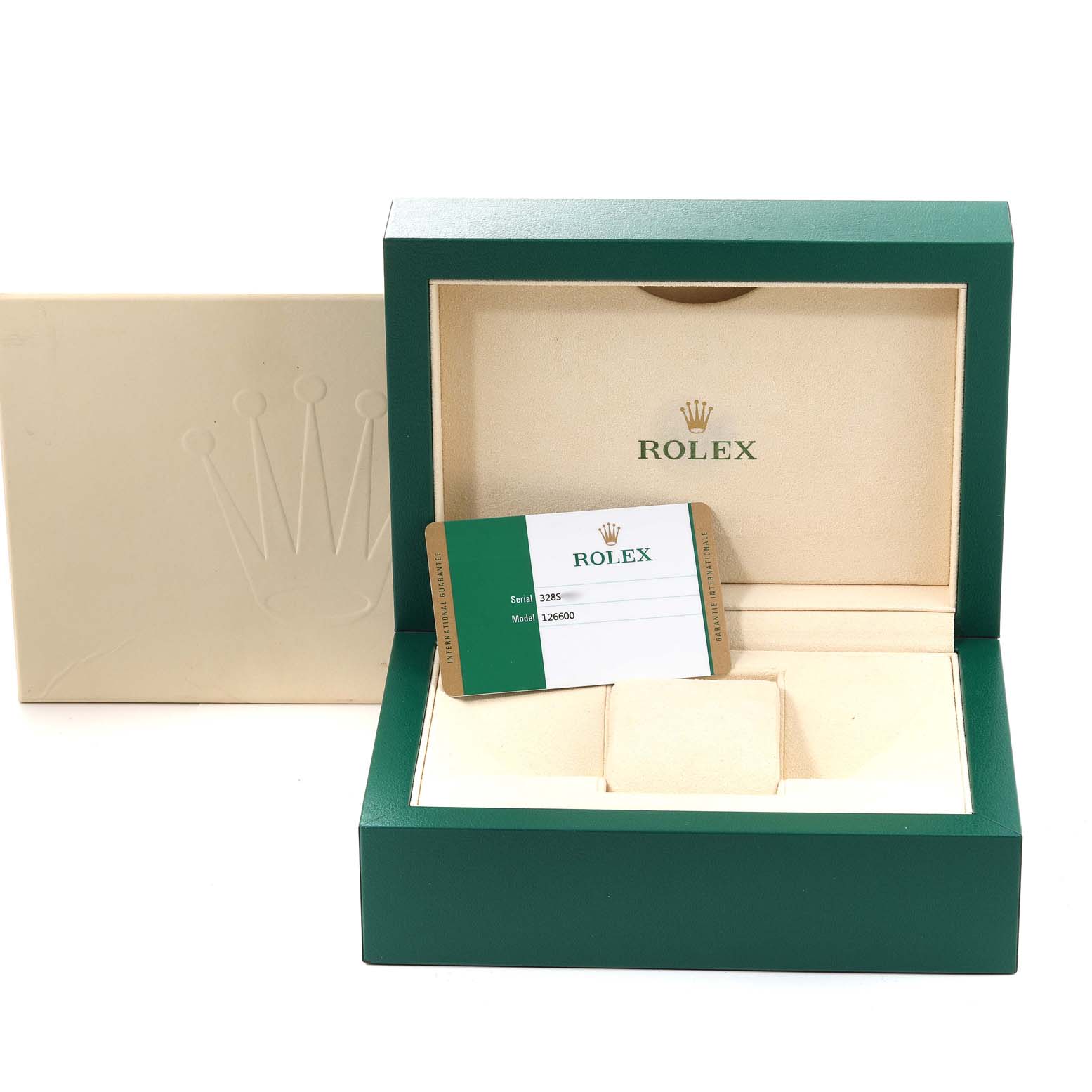 This image shows the packaging, inner box, and a certificate card for a Rolex Sea-Dweller 126600 Men
s Stainless Steel Black Dial 126600 Men
s Stainless Steel Black Dial watch.