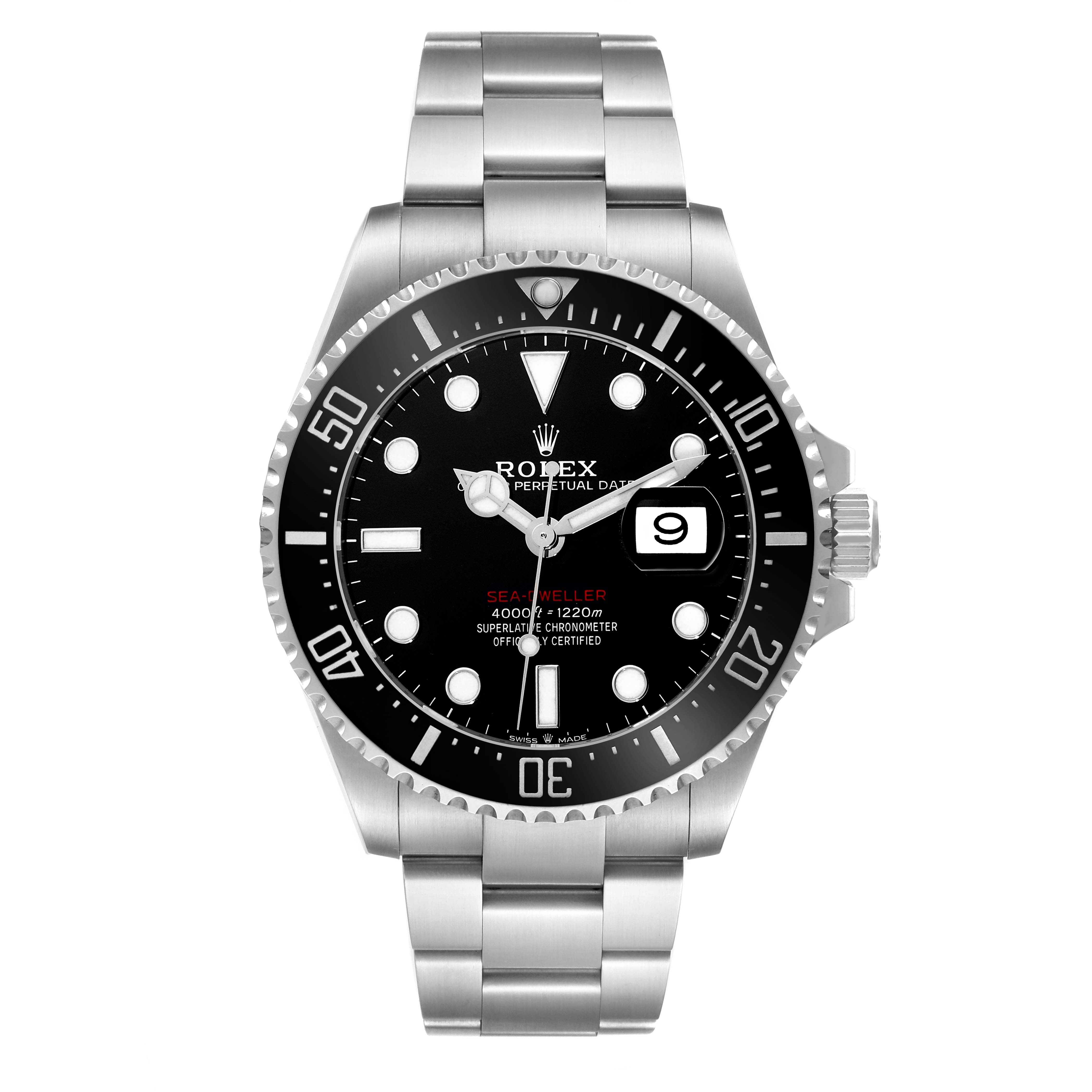 The image shows a Rolex Sea-Dweller 126600 Men
s Stainless Steel Black Dial 126600 Men
s Stainless Steel Black Dial watch from a frontal angle, displaying its dial, bezel, bracelet, and crown.