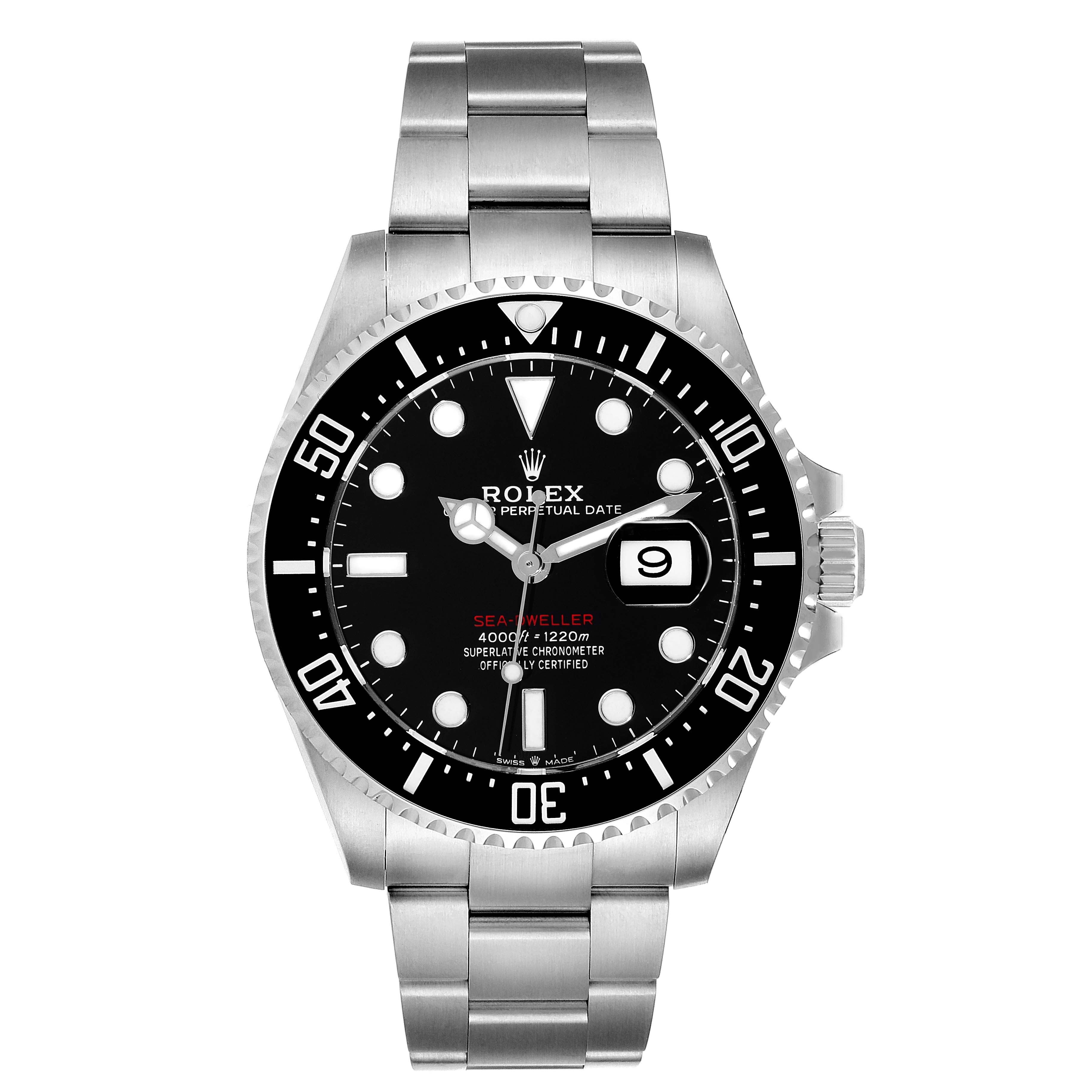 This image shows a frontal view of the Rolex Sea-Dweller 126600 Men
s Stainless Steel Black Dial 126600 Men
s Stainless Steel Black Dial watch, displaying its dial, bezel, and bracelet.