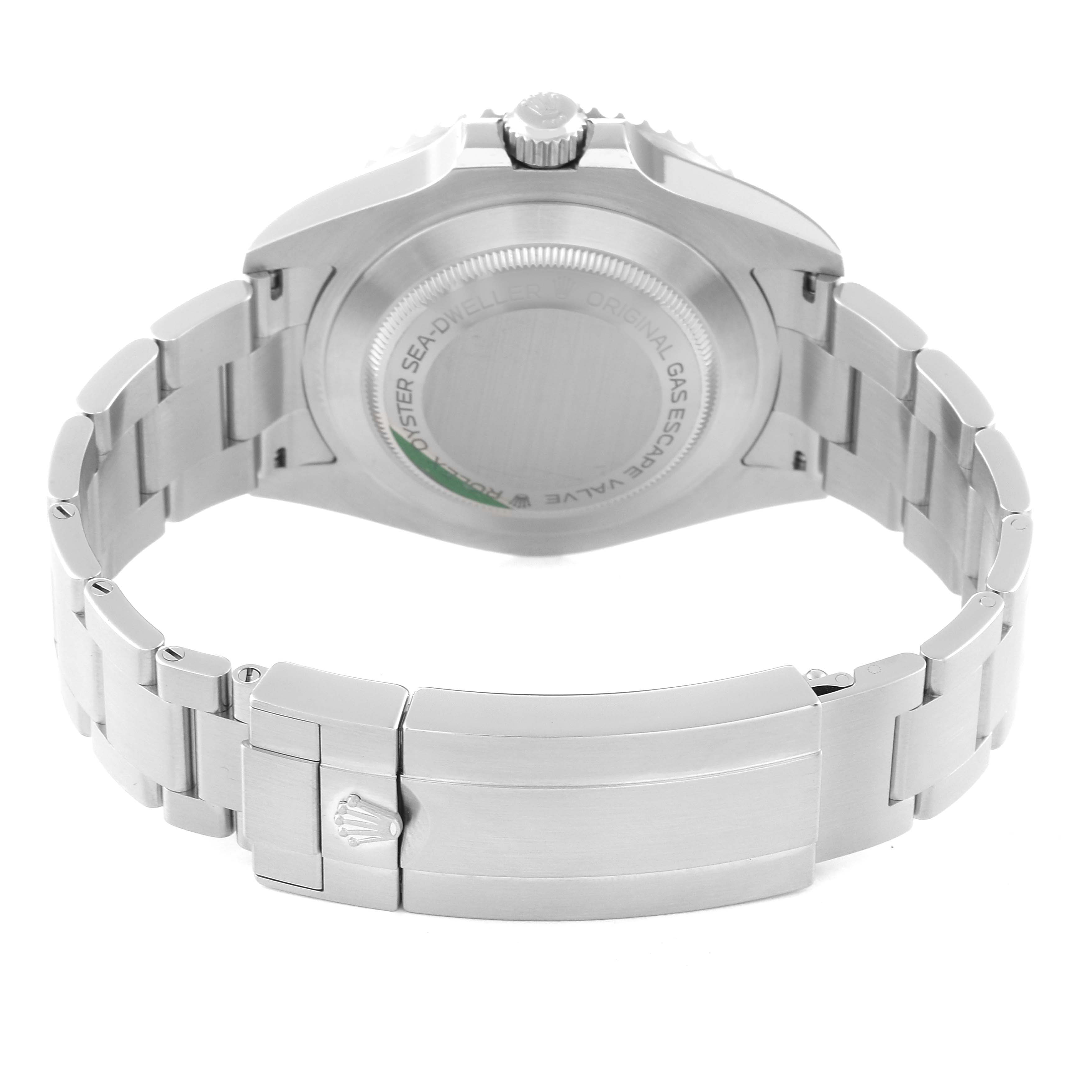 The image shows the back case and bracelet of a Rolex Sea-Dweller 126600 Men
s Stainless Steel Black Dial 126600 Men
s Stainless Steel Black Dial model, specifically highlighting its clasp and caseback.