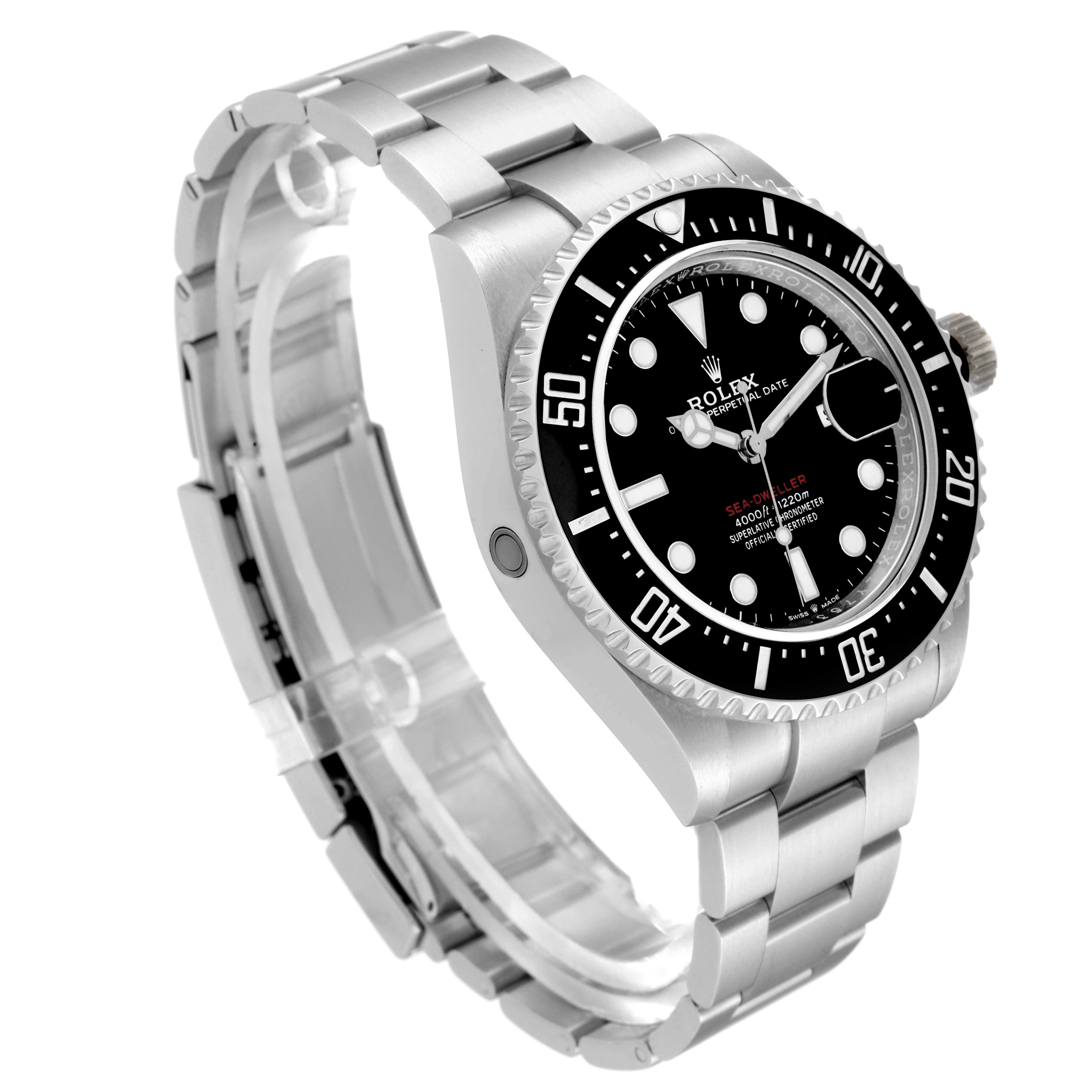 The image shows a Rolex Sea-Dweller 126600 Men
s Stainless Steel Black Dial 126600 Men
s Stainless Steel Black Dial watch from an angled side view, highlighting its bezel, dial, case, and stainless steel bracelet.
