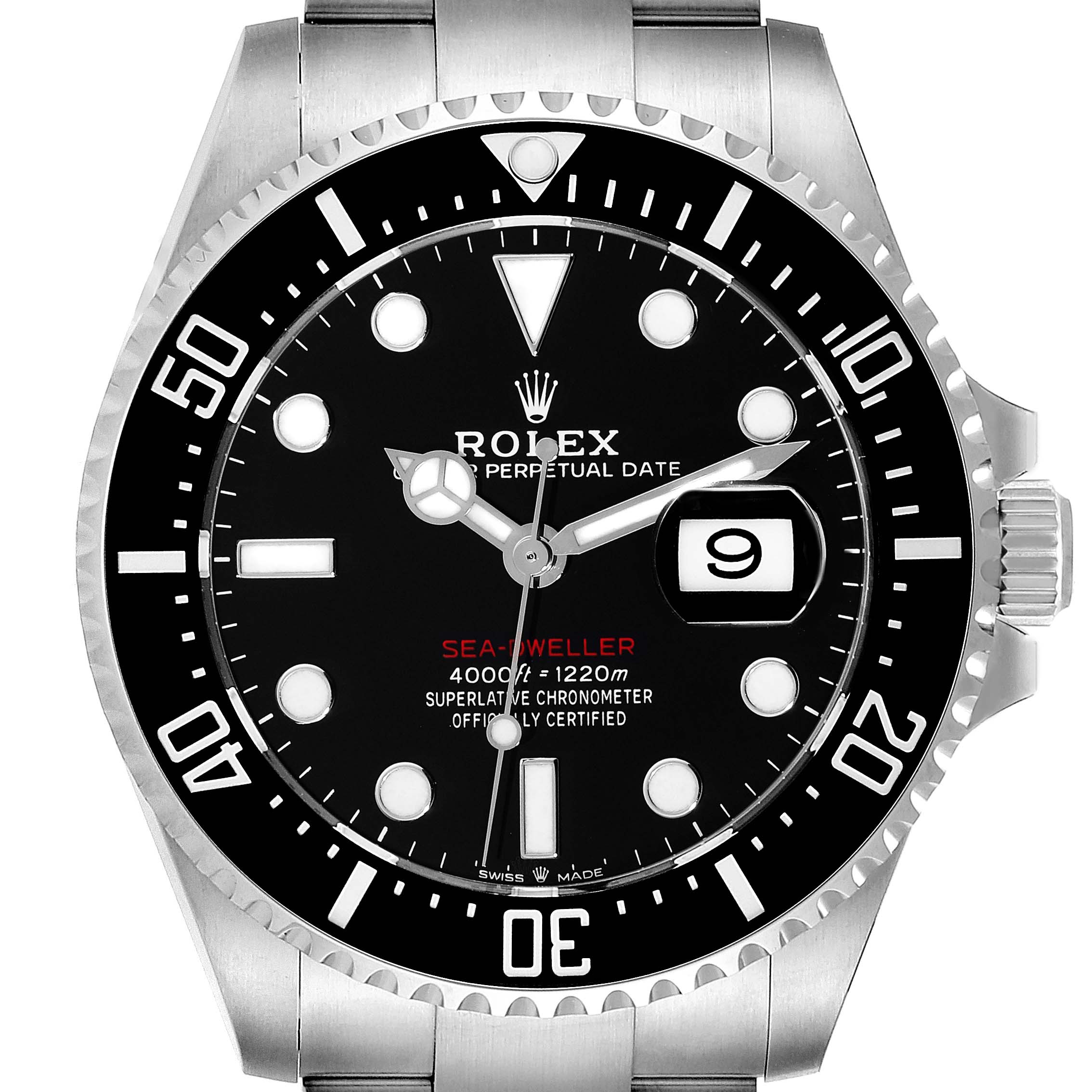 The image shows a front view of a Rolex Sea-Dweller 126600 Men
s Stainless Steel Black Dial 126600 Men
s Stainless Steel Black Dial watch featuring its dial, hands, date window, and bezel clearly.
