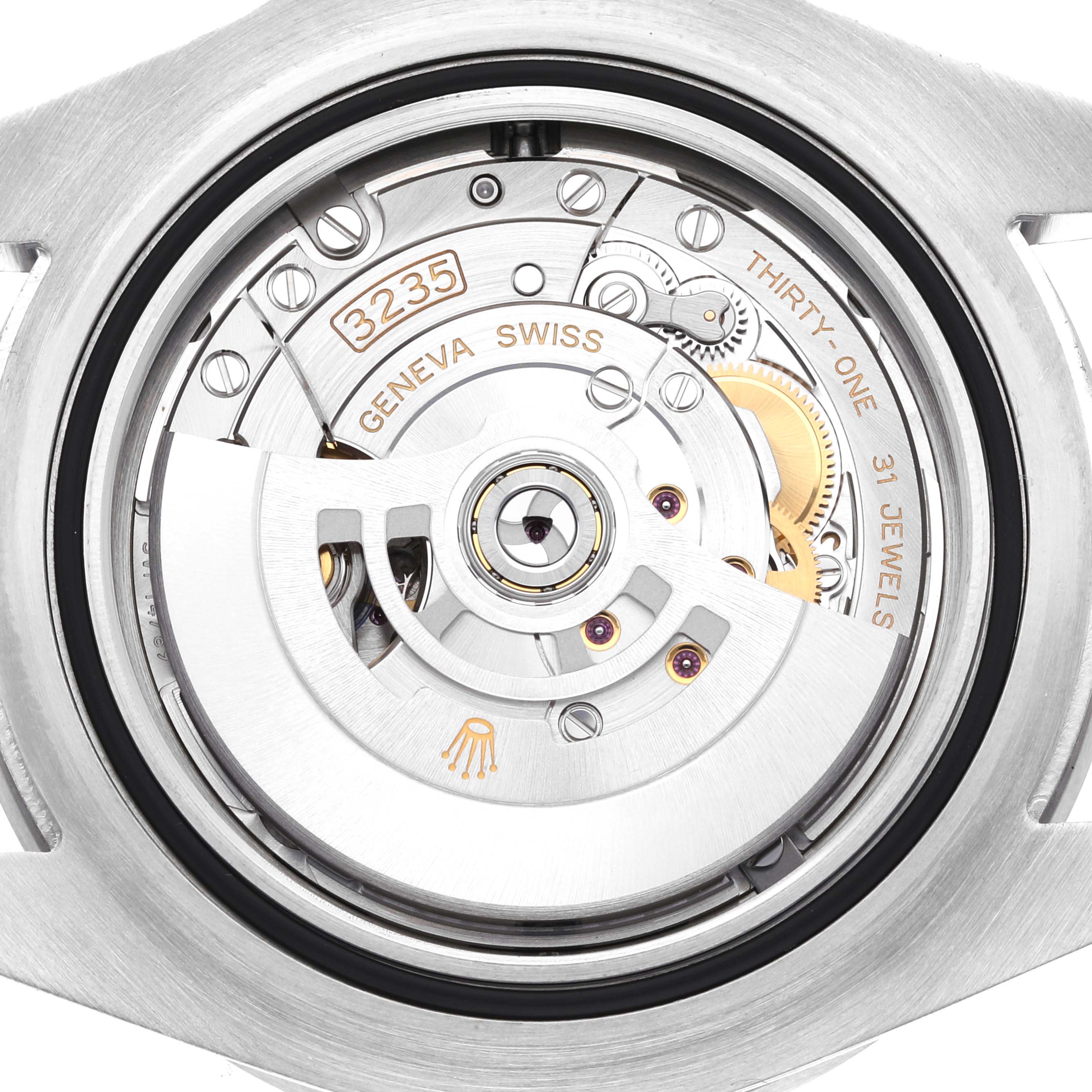 This is a close-up view of the movement and inner mechanism of a Rolex Sea-Dweller 126600 Men
s Stainless Steel Black Dial 126600 Men
s Stainless Steel Black Dial watch.