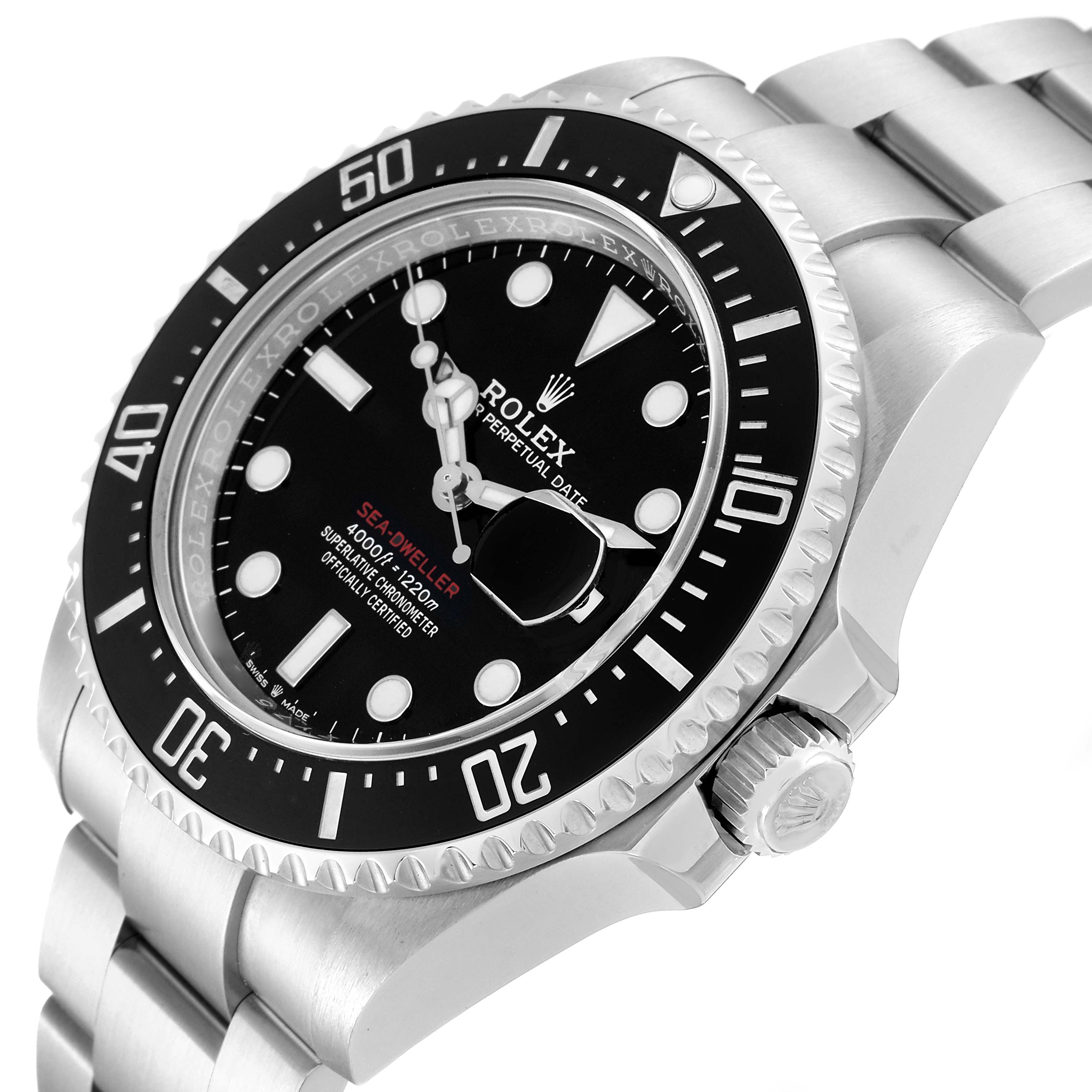 This is a close-up angled side view of the Rolex Sea-Dweller 126600 Men
s Stainless Steel Black Dial 126600 Men
s Stainless Steel Black Dial watch, showcasing the dial, bezel, crown, and part of the bracelet.