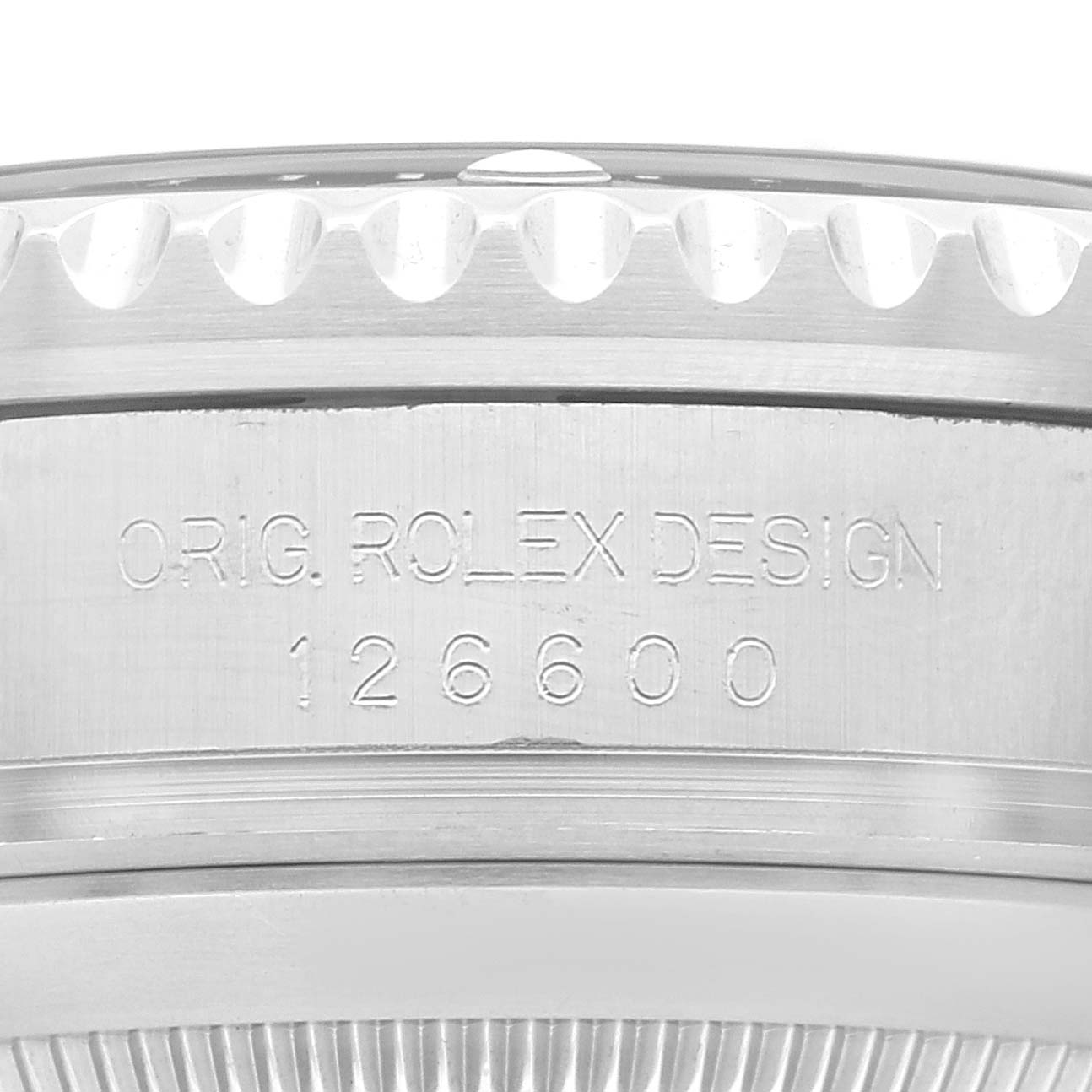 This image shows a close-up of the engraved case back of the Rolex Sea-Dweller 126600 Men
s Stainless Steel Black Dial 126600 Men
s Stainless Steel Black Dial model 126600.