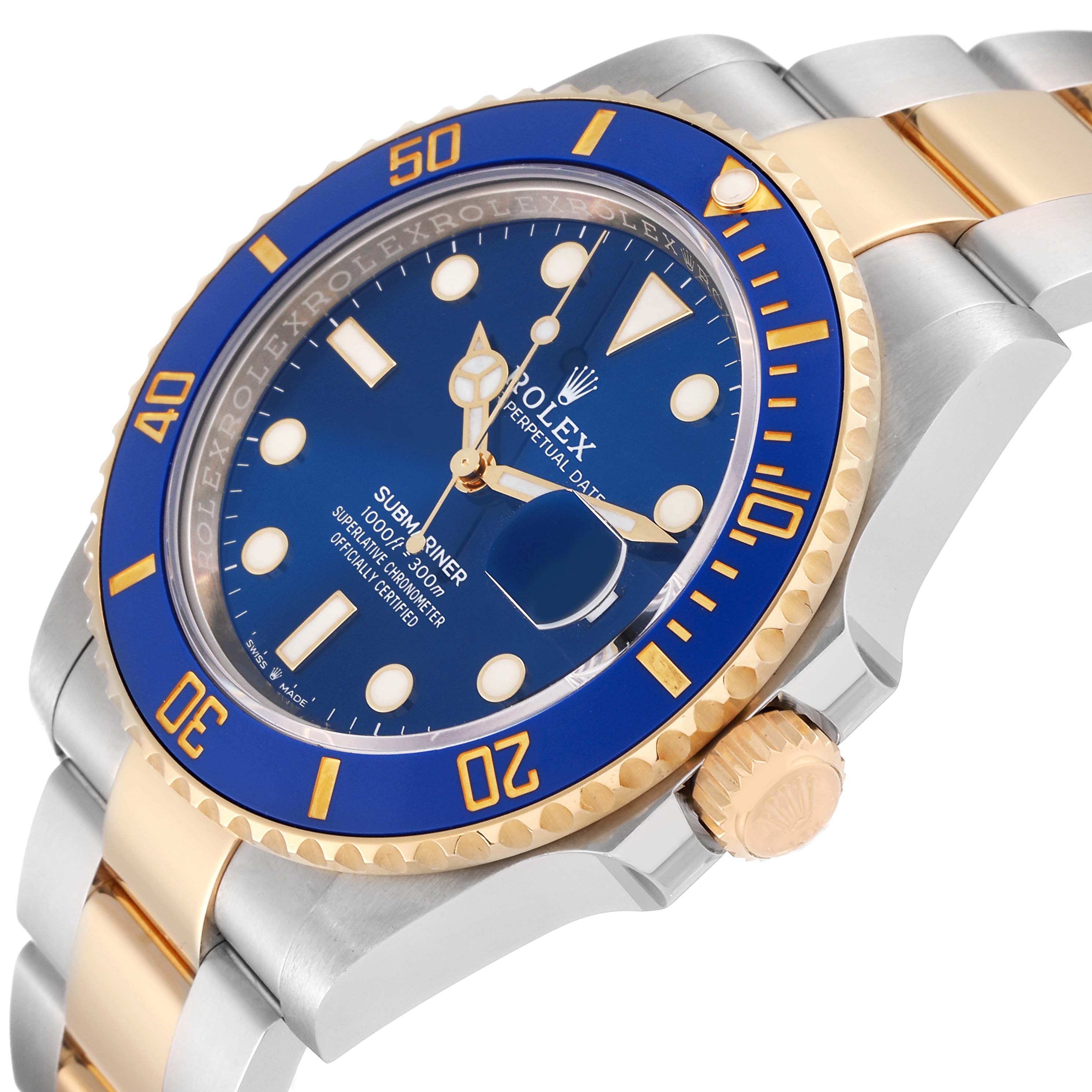This is a close-up angled view of the Rolex Submariner 126613LB Men
s Steel and Gold (two tone) Blue Dial 126613LB Men
s Steel and Gold (two tone) Blue Dial, showcasing the blue and gold bezel, crown, and part of the bracelet.