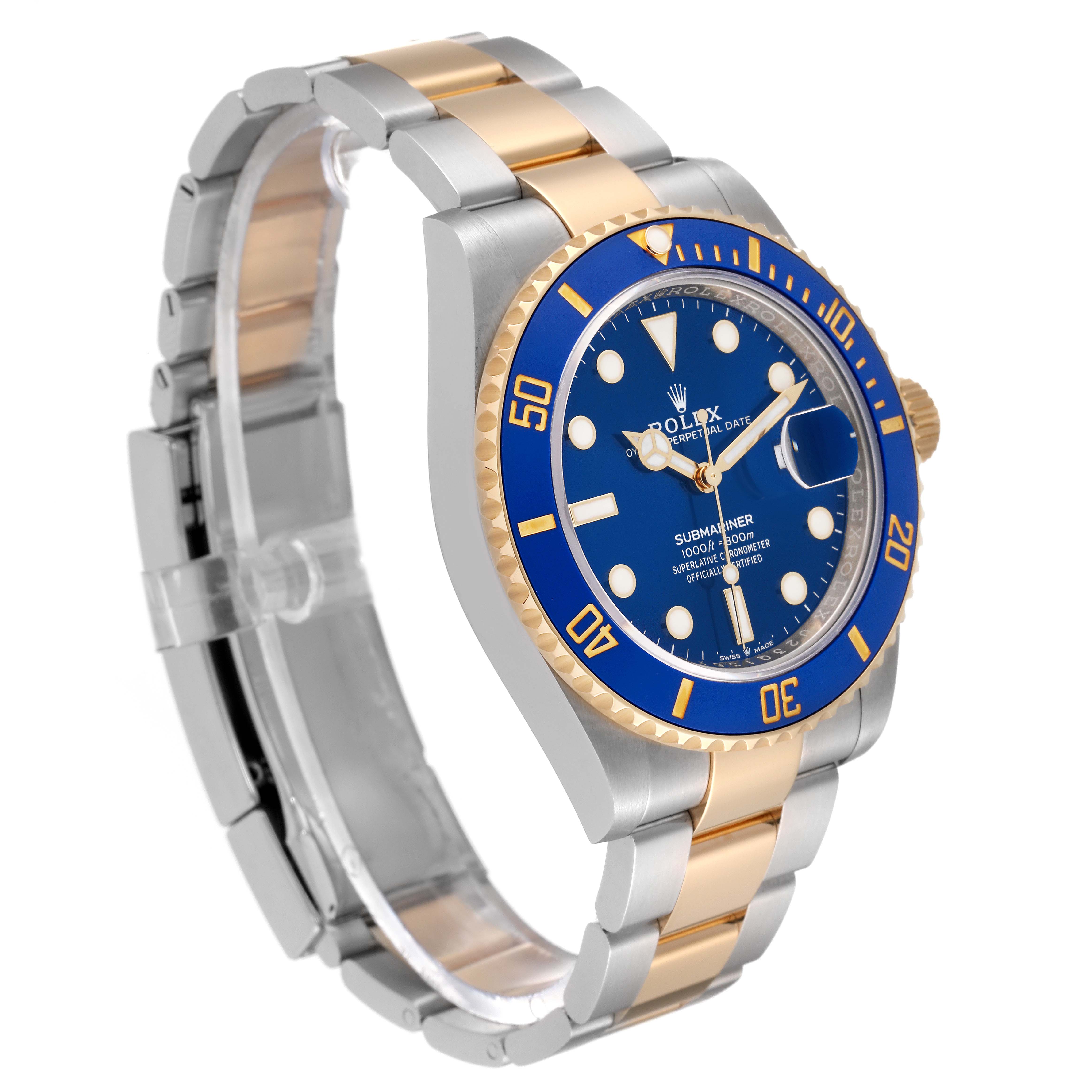 The image shows a Rolex Submariner 126613LB Men
s Steel and Gold (two tone) Blue Dial 126613LB Men
s Steel and Gold (two tone) Blue Dial watch angled from the front left, highlighting its blue dial, bezel, and two-tone bracelet.