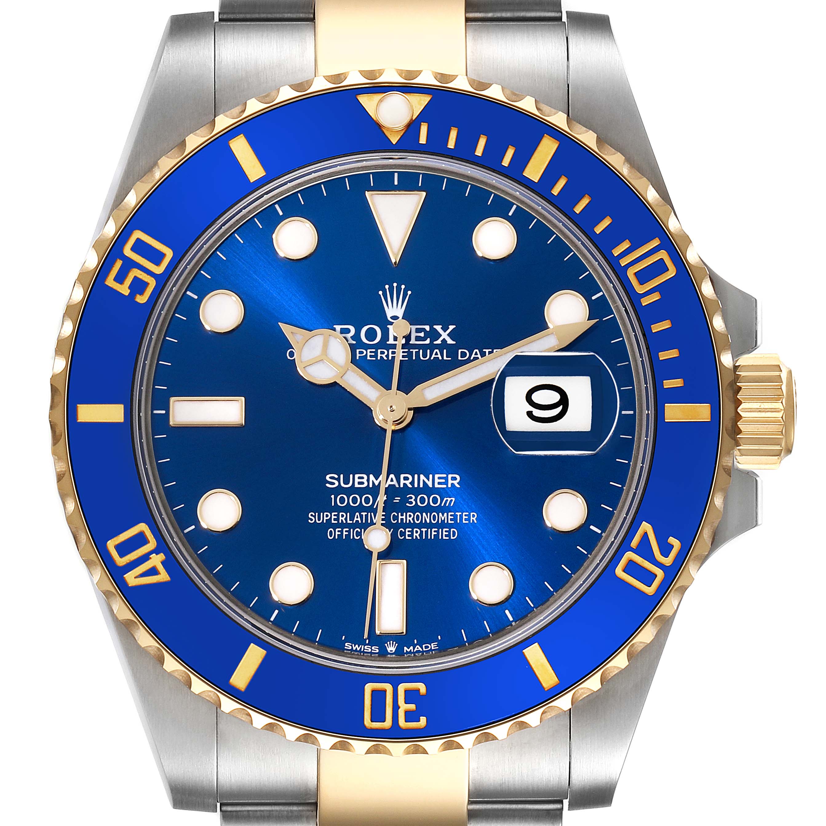 This image shows a front view of the Rolex Submariner 126613LB Men
s Steel and Gold (two tone) Blue Dial 126613LB Men
s Steel and Gold (two tone) Blue Dial watch, showcasing its blue dial, gold and silver bezel, and crown.