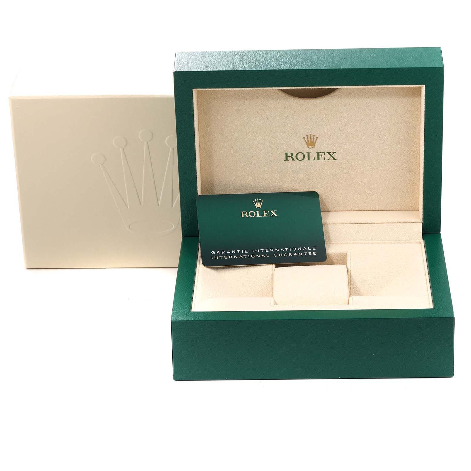 The image shows a Rolex Submariner 126613LB Men
s Steel and Gold (two tone) Blue Dial 126613LB Men
s Steel and Gold (two tone) Blue Dial watch box and international guarantee card from a frontal angle.