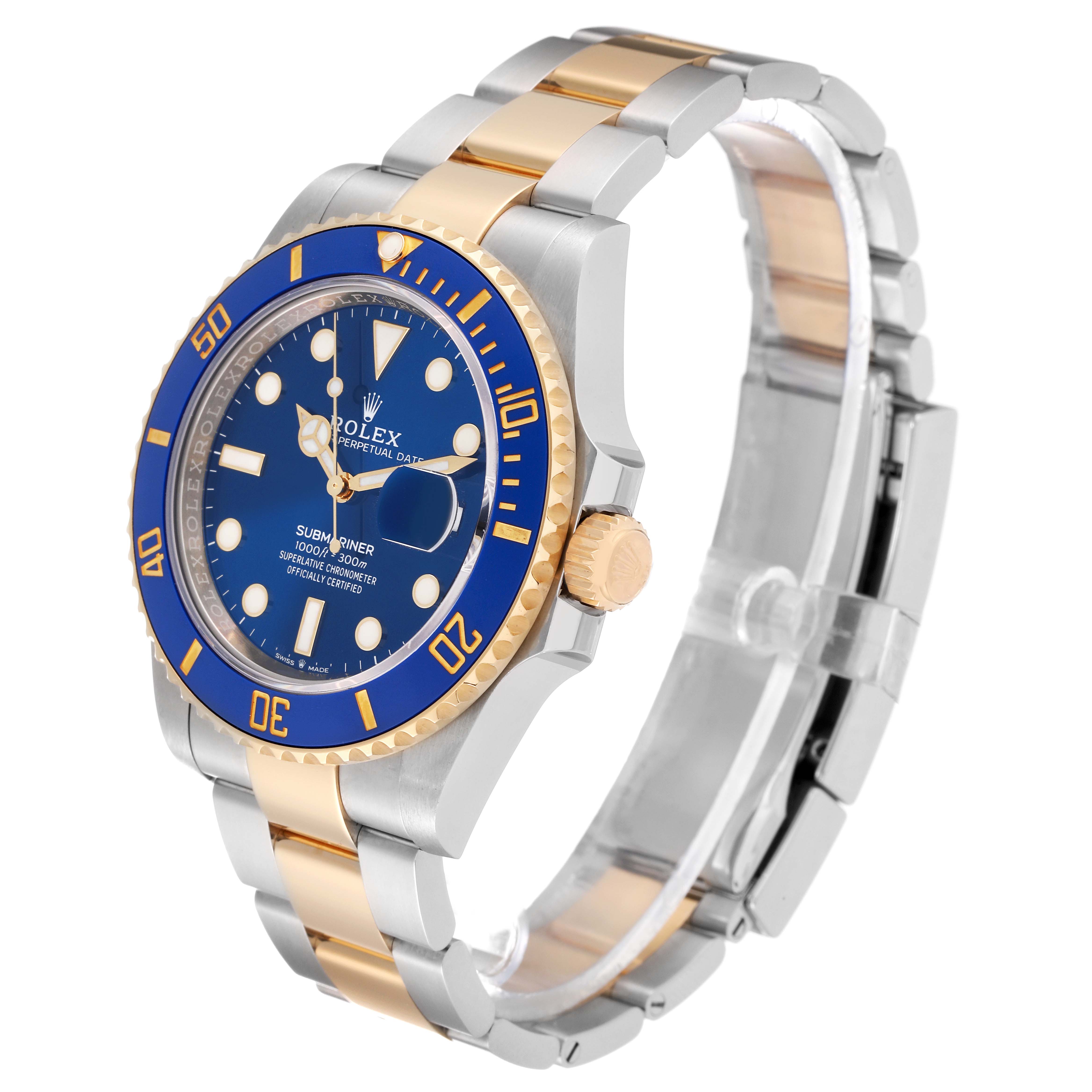 The image shows a Rolex Submariner 126613LB Men
s Steel and Gold (two tone) Blue Dial 126613LB Men
s Steel and Gold (two tone) Blue Dial watch from an angled view, highlighting its blue dial, bezel, and two-tone metal bracelet.
