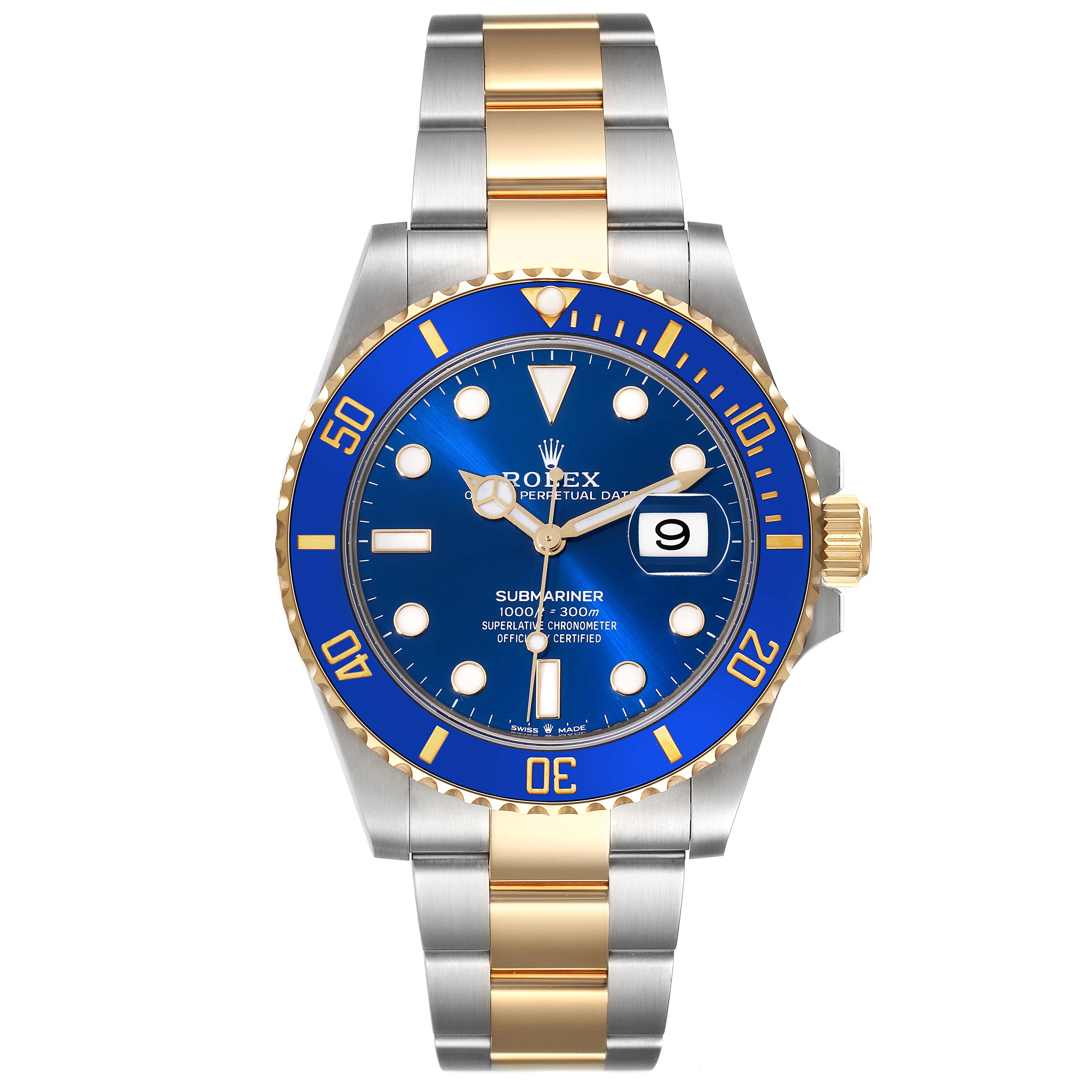 The Rolex Submariner 126613LB Men
s Steel and Gold (two tone) Blue Dial 126613LB Men
s Steel and Gold (two tone) Blue Dial watch is shown from a front angle, displaying the face, bezel, and bracelet.