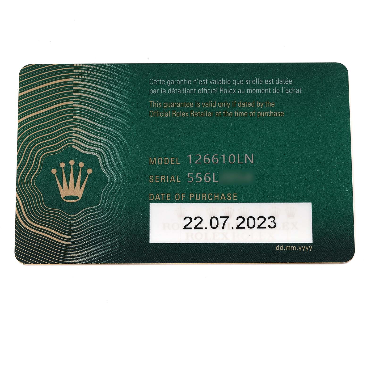 This is a warranty card for a Rolex Submariner 126610LN Men
s Stainless Steel Black Dial 126610LN Men
s Stainless Steel Black Dial model 126610LN, featuring purchase details and a serial number.