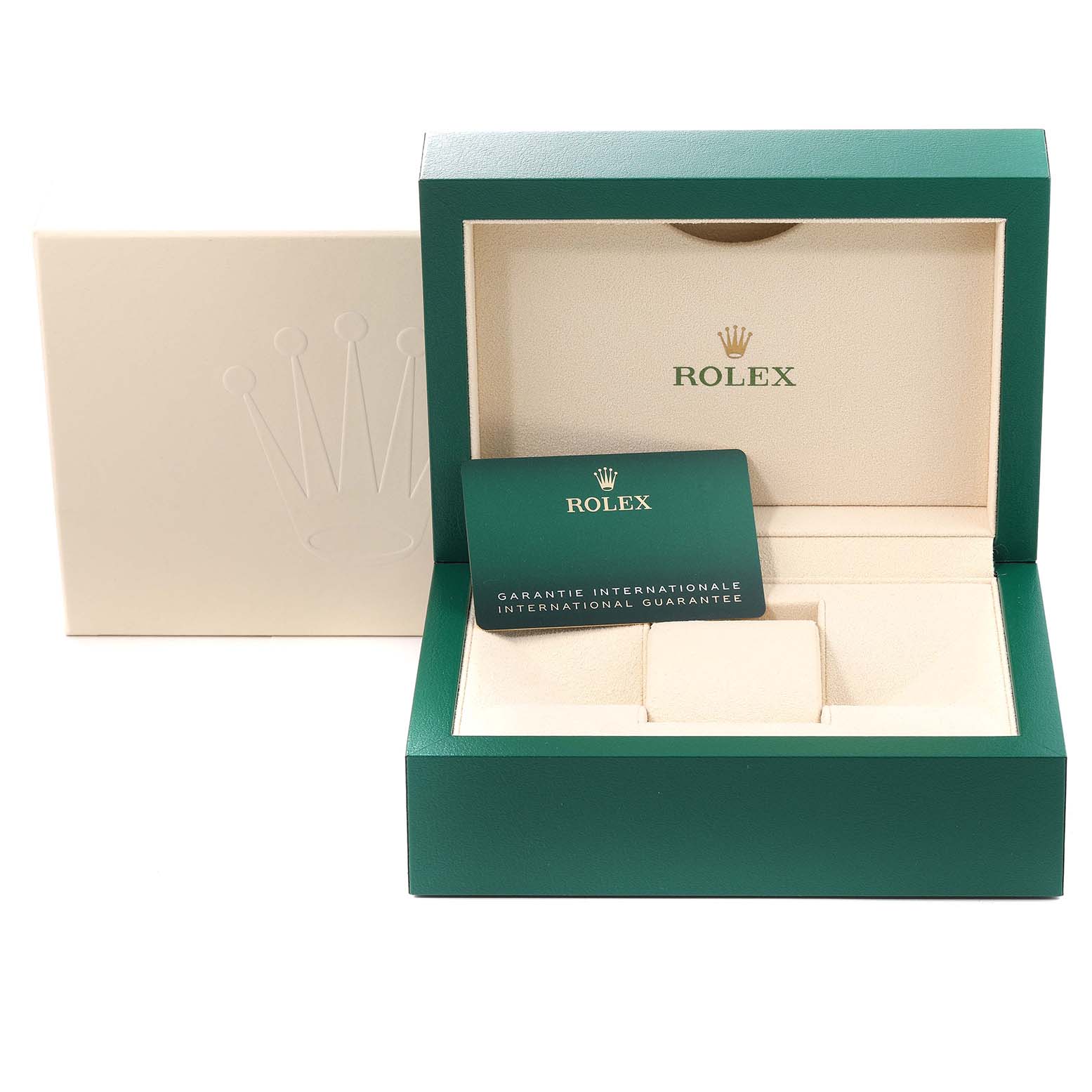 The image shows the open box and guarantee card of a Rolex Submariner 126610LN Men
s Stainless Steel Black Dial 126610LN Men
s Stainless Steel Black Dial watch from a front angle.