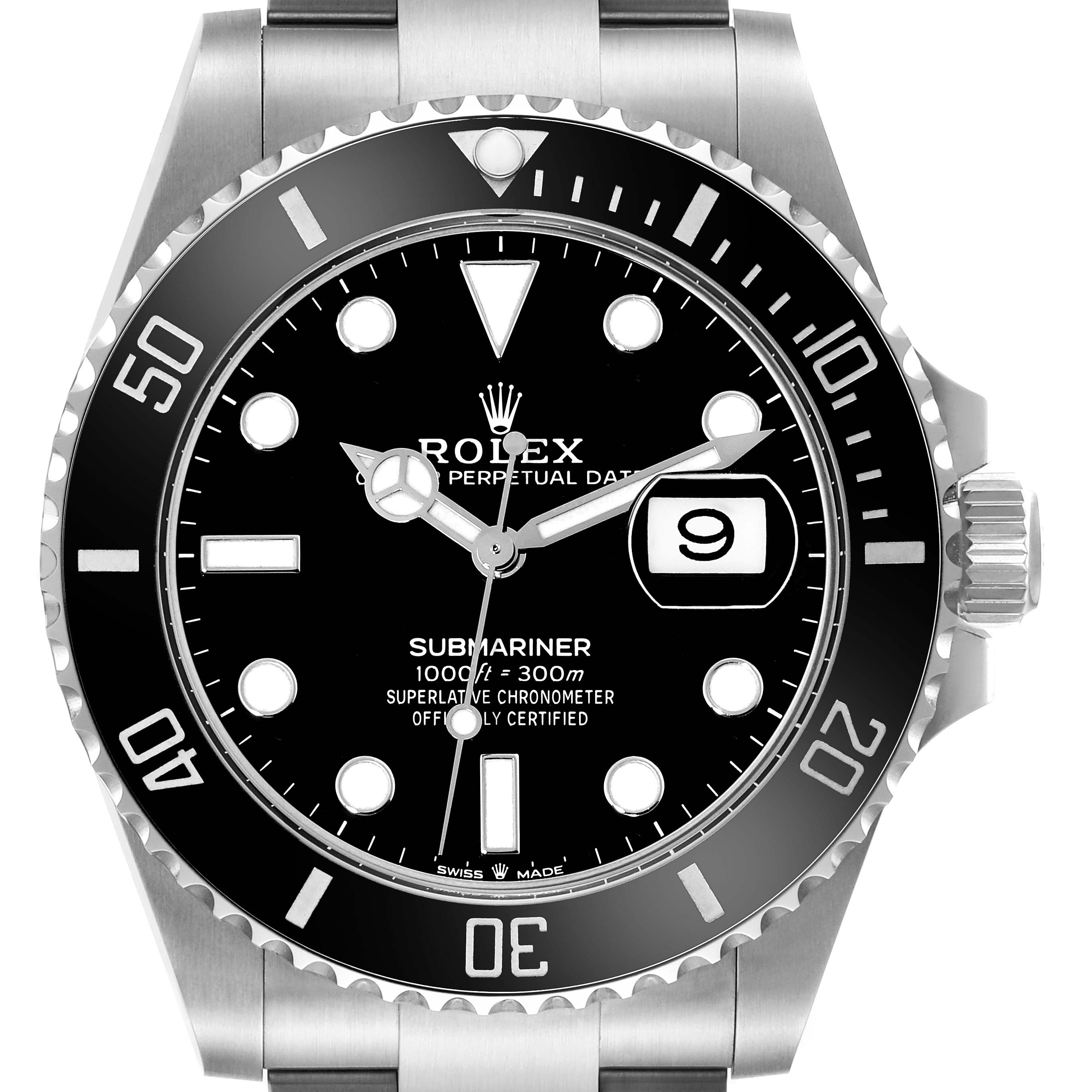 The image shows a front view of the Rolex Submariner 126610LN Men
s Stainless Steel Black Dial 126610LN Men
s Stainless Steel Black Dial watch, displaying its dial, bezel, and part of the bracelet.