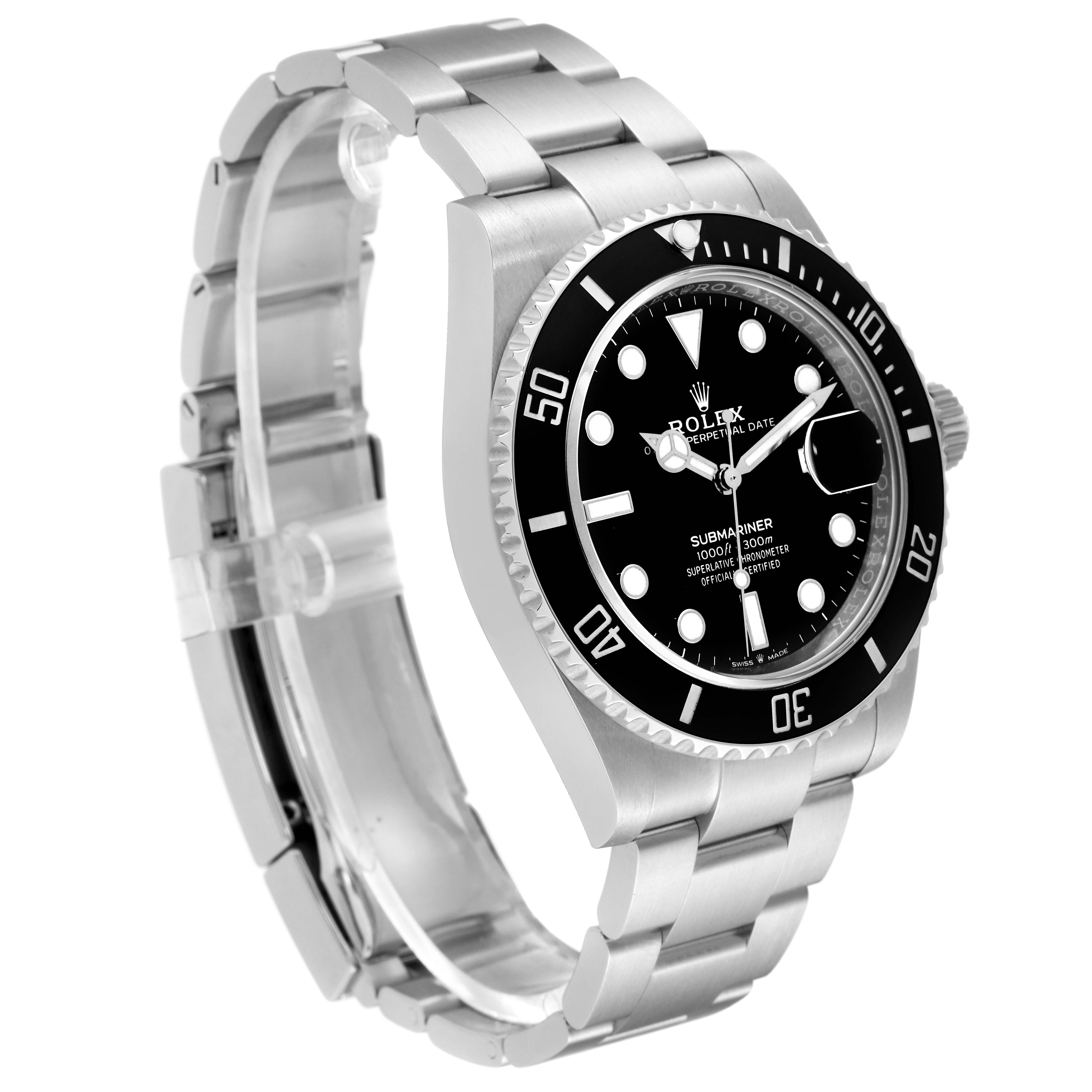 This image shows a side angle of the Rolex Submariner 126610LN Men
s Stainless Steel Black Dial 126610LN Men
s Stainless Steel Black Dial watch, highlighting its black dial, bezel, and stainless steel bracelet.
