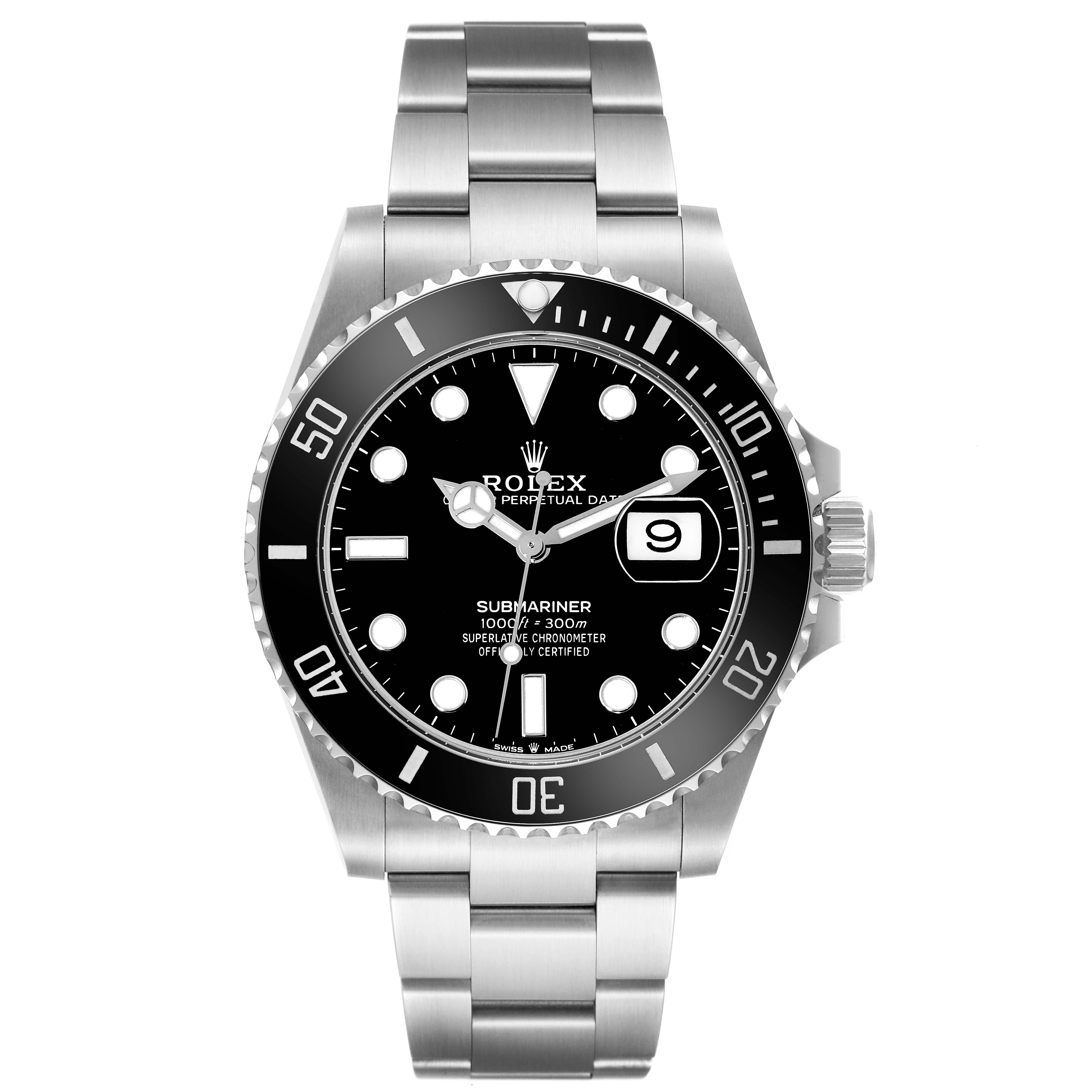 This image shows a front view of the Rolex Submariner 126610LN Men
s Stainless Steel Black Dial 126610LN Men
s Stainless Steel Black Dial watch, including its dial, bezel, and bracelet.