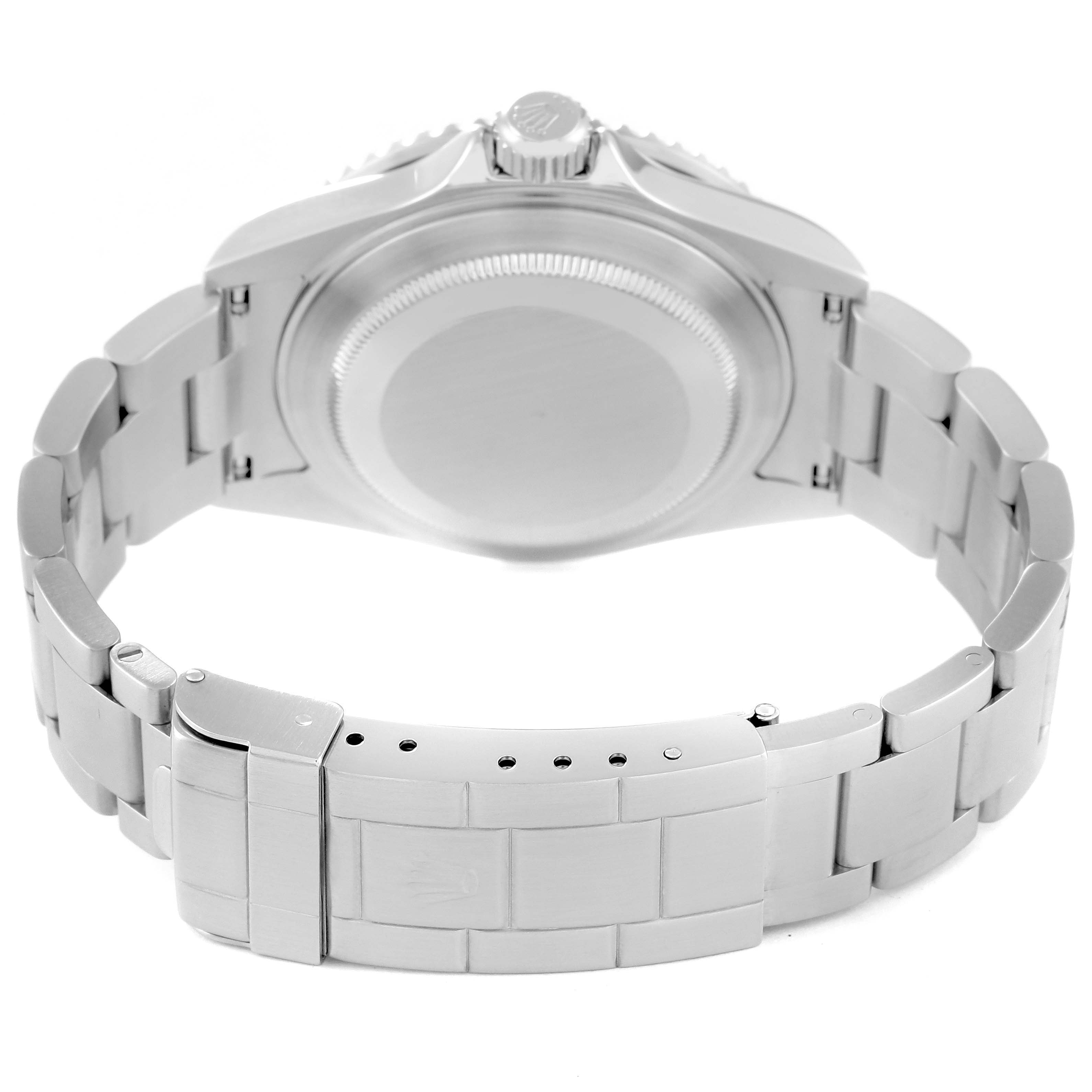 This image shows the back view of a Rolex Submariner 16610 Men
s Stainless Steel Black Dial 16610 Men
s Stainless Steel Black Dial watch, focusing on the case back and bracelet clasp.