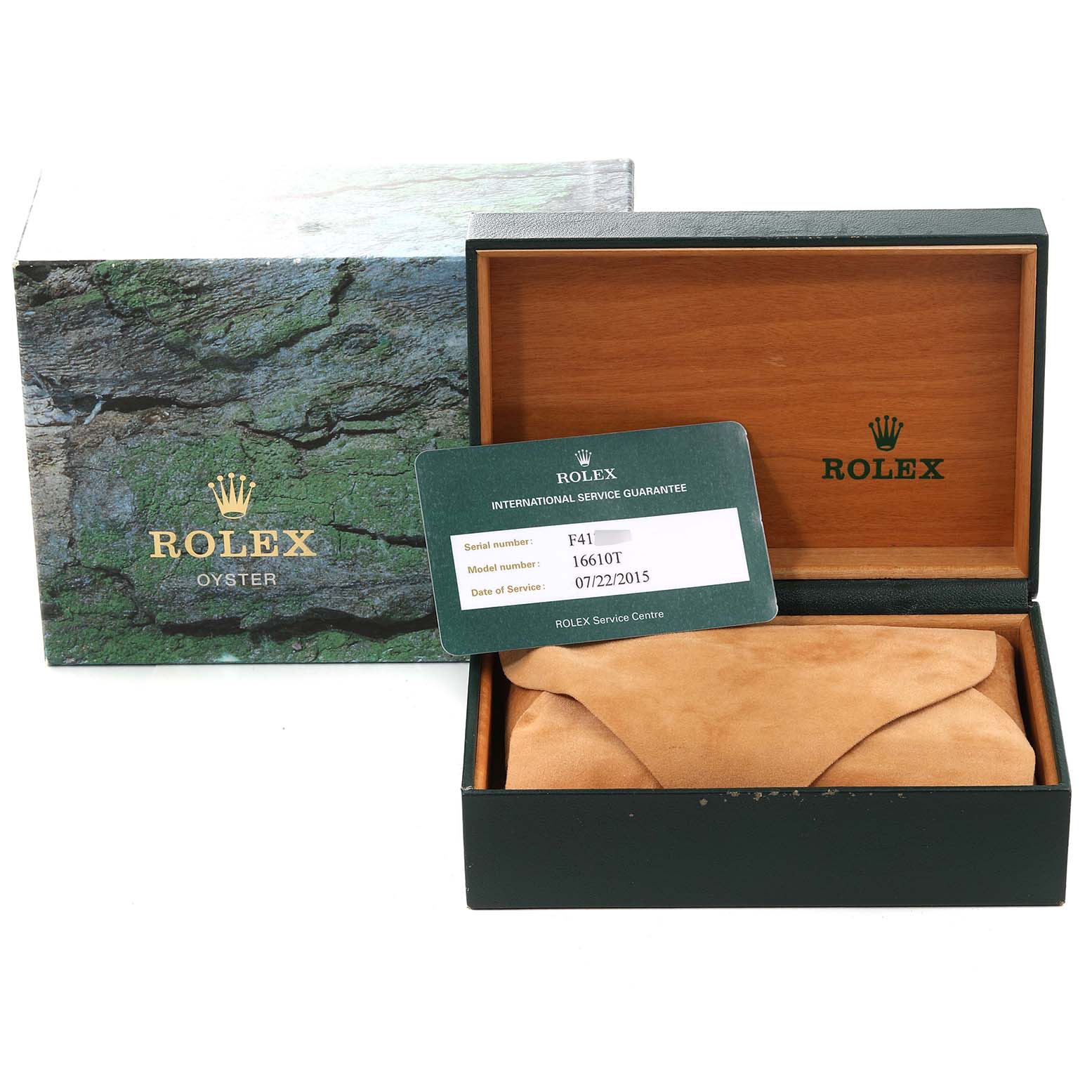 The image shows the packaging of a Rolex Submariner 16610 Men
s Stainless Steel Black Dial 16610 Men
s Stainless Steel Black Dial, including a box, service guarantee card, and a suede-lined inner box.