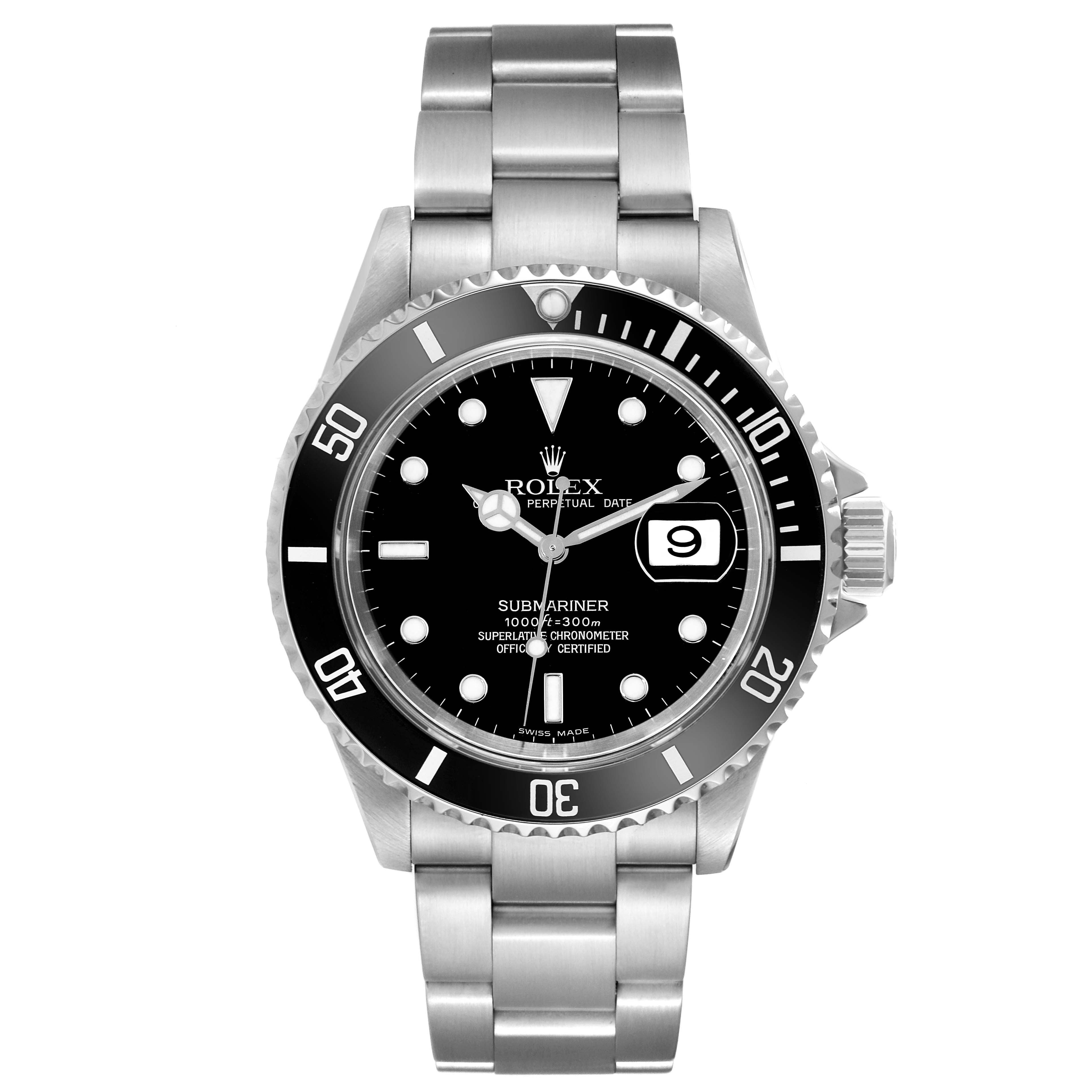 This image shows a front view of the Rolex Submariner 16610 Men
s Stainless Steel Black Dial 16610 Men
s Stainless Steel Black Dial watch, displaying its dial, bezel, and metal bracelet.