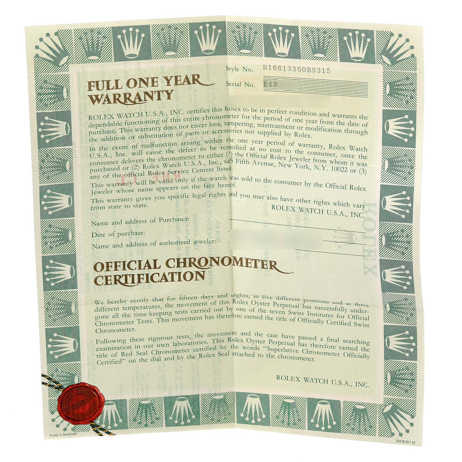 This image shows a warranty and certification paper for a Rolex Submariner 16613 Men's Steel and Gold (two tone) Champagne Dial 16613 Men's Steel and Gold (two tone) Champagne Dial watch.