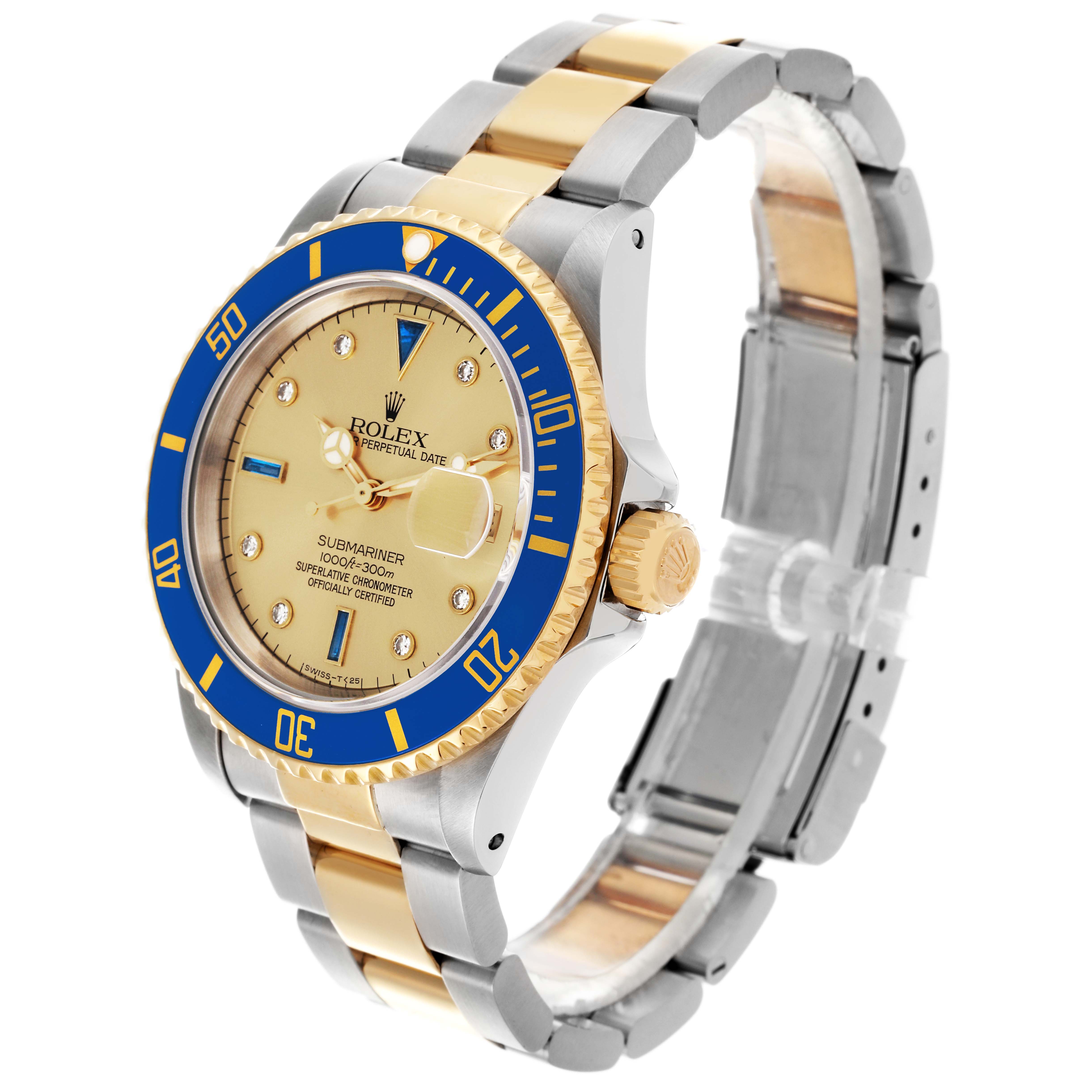 The Rolex Submariner 16613 Men's Steel and Gold (two tone) Champagne Dial 16613 Men's Steel and Gold (two tone) Champagne Dial watch is shown from an angled side view, highlighting the bezel, dial, crown, and part of the bracelet.