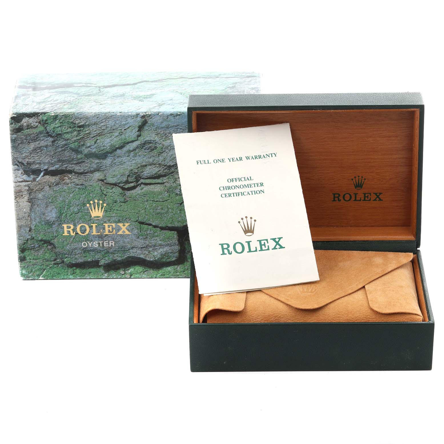 The image shows Rolex Submariner 16613 Men's Steel and Gold (two tone) Champagne Dial 16613 Men's Steel and Gold (two tone) Champagne Dial packaging, a green box with the manual and warranty card.