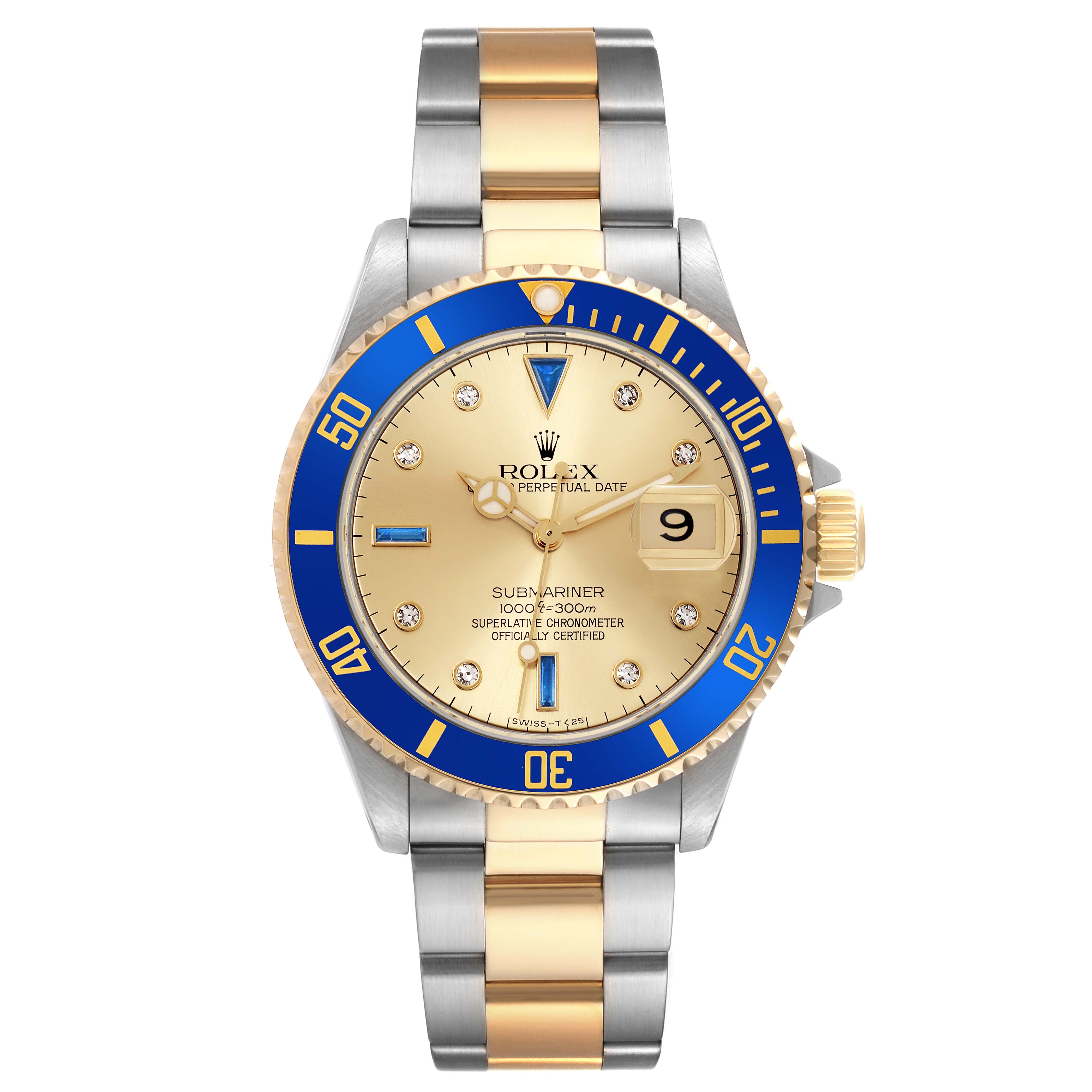 The Rolex Submariner 16613 Men's Steel and Gold (two tone) Champagne Dial 16613 Men's Steel and Gold (two tone) Champagne Dial is shown from a front angle, displaying the face, bezel, crown, and bracelet.