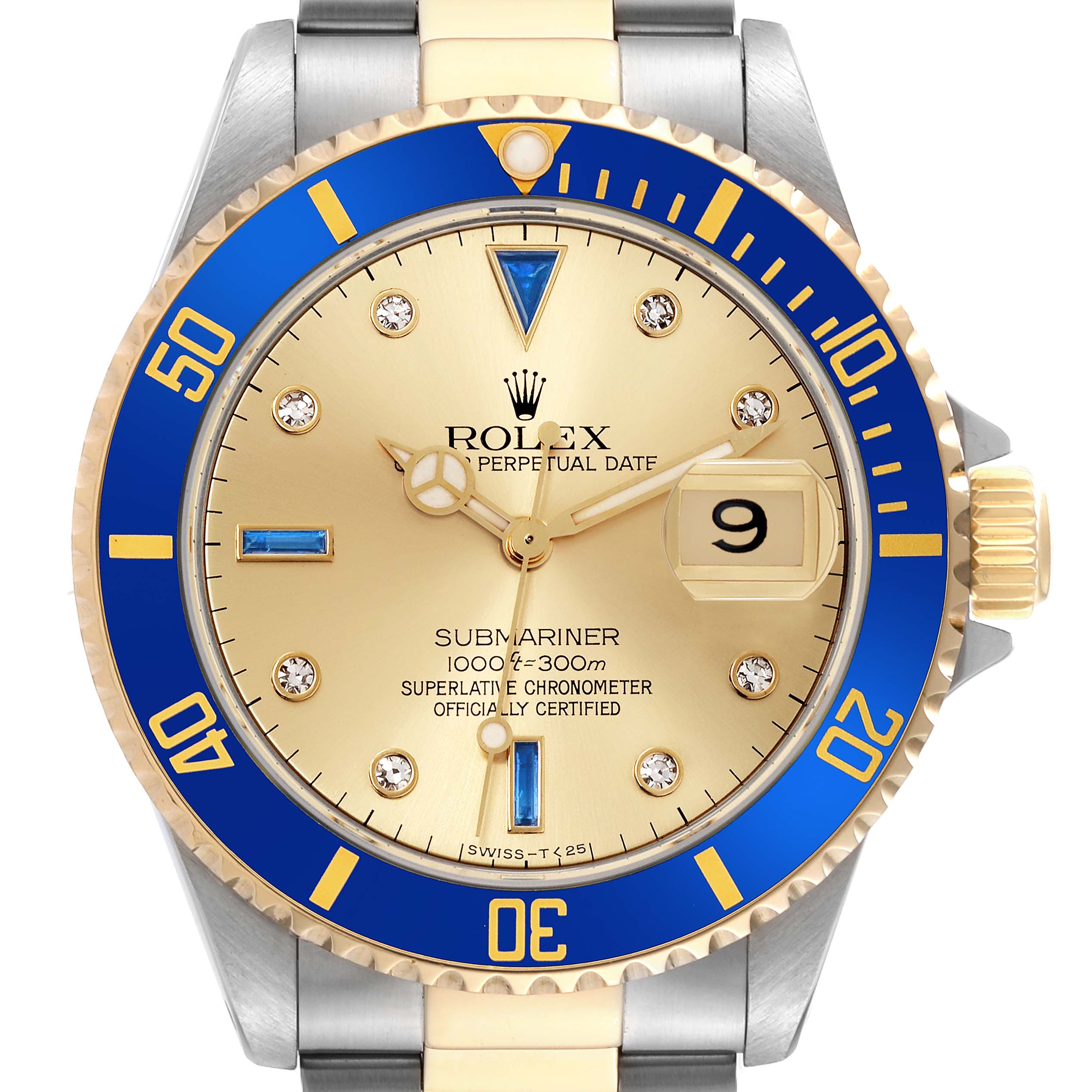 The Rolex Submariner 16613 Men's Steel and Gold (two tone) Champagne Dial 16613 Men's Steel and Gold (two tone) Champagne Dial is shown from the front, displaying its bezel, dial, and crown clearly.