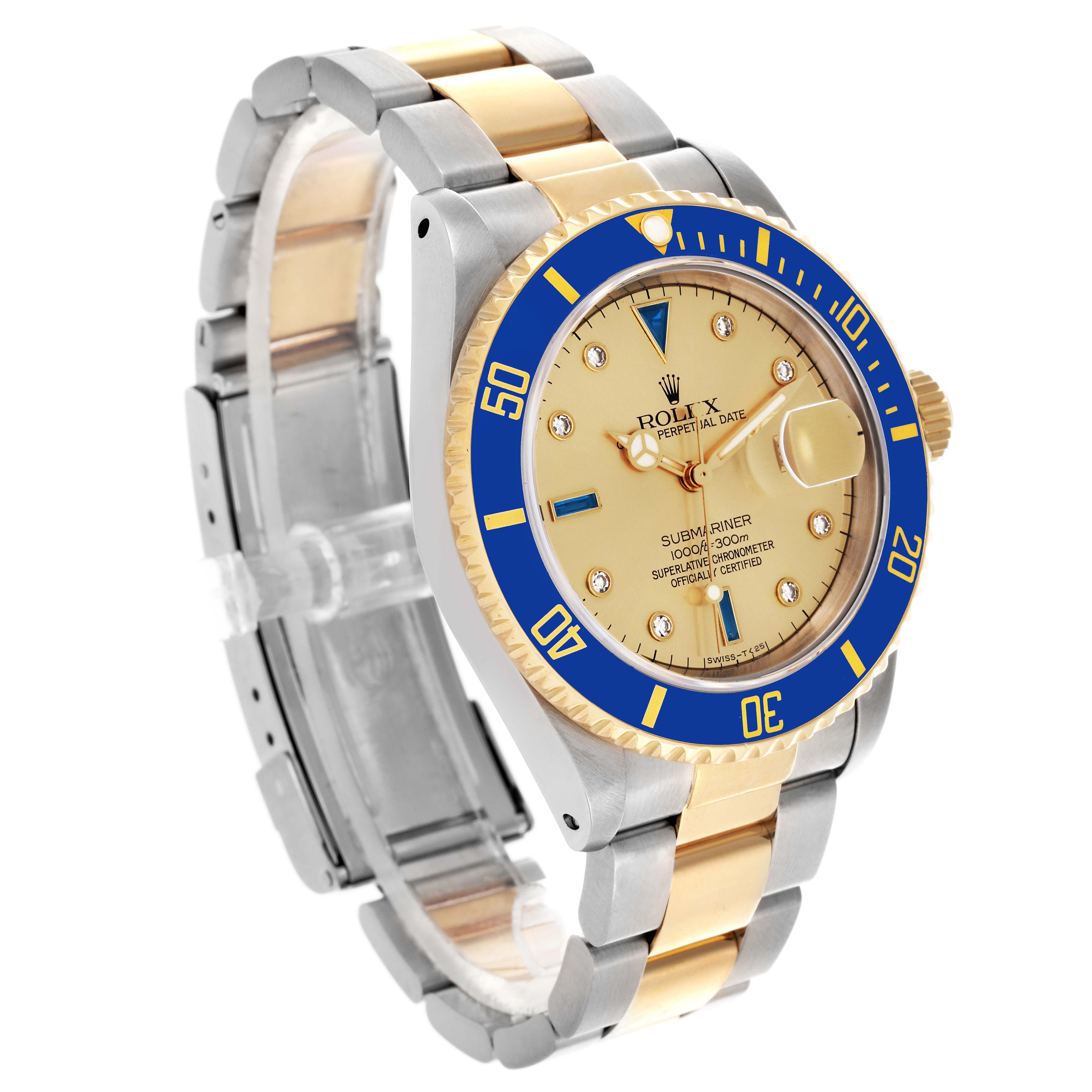 The Rolex Submariner 16613 Men's Steel and Gold (two tone) Champagne Dial 16613 Men's Steel and Gold (two tone) Champagne Dial is shown at a three-quarter angle, revealing the dial, bezel, and bracelet.
