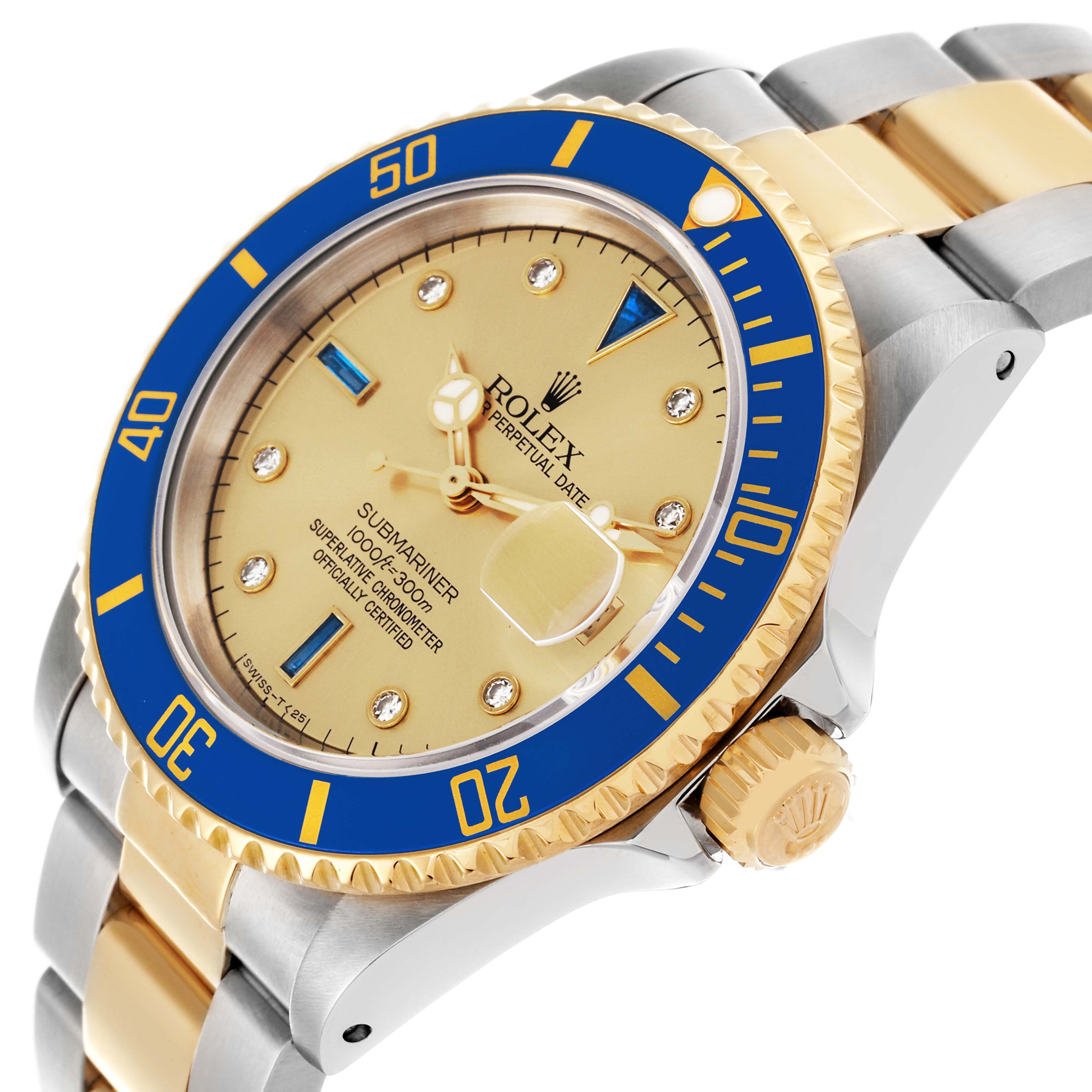 The Rolex Submariner 16613 Men's Steel and Gold (two tone) Champagne Dial 16613 Men's Steel and Gold (two tone) Champagne Dial watch is shown from an angled side view, highlighting the dial, bezel, crown, and part of the bracelet.