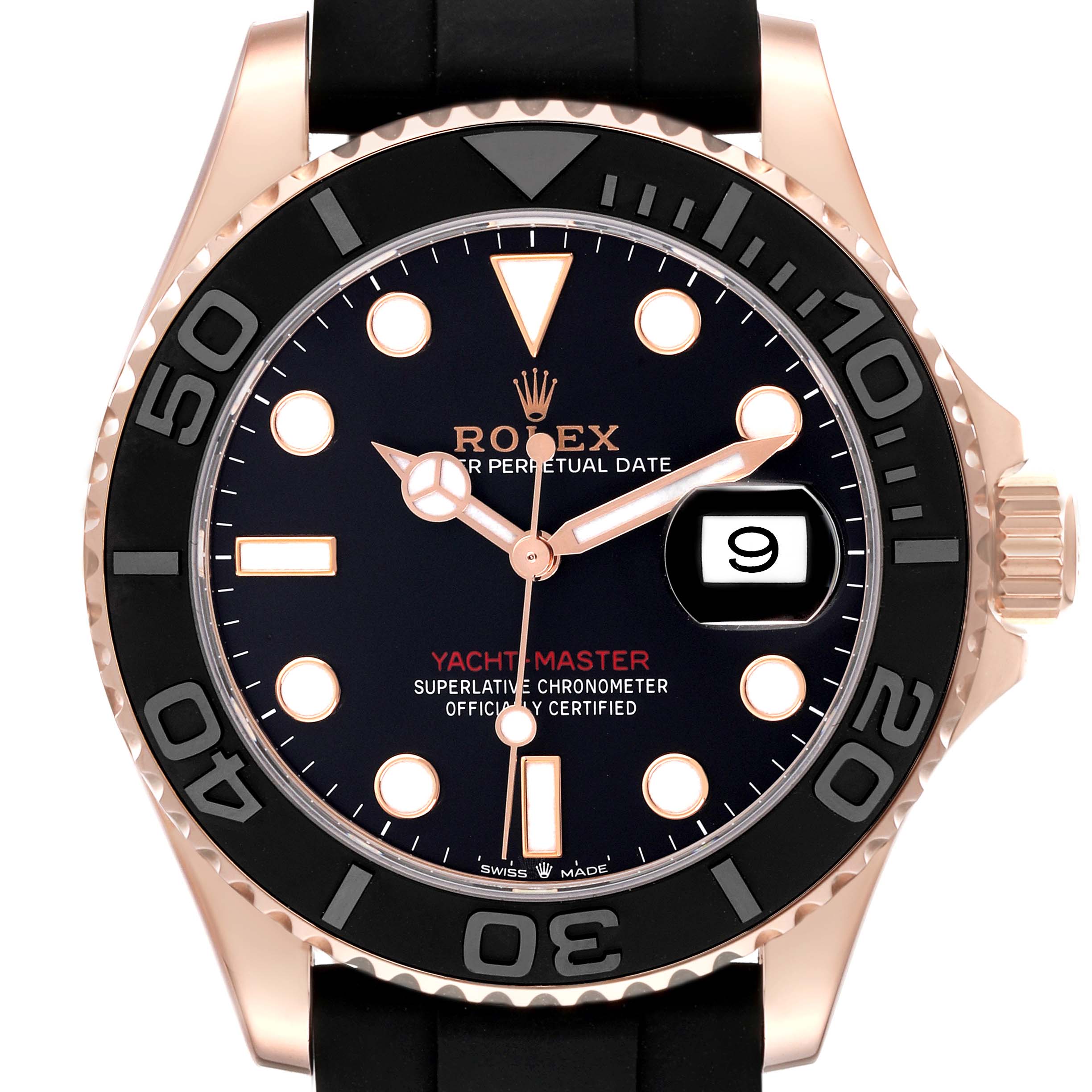 The Rolex Yacht-Master 126655 Men's Rose Gold Black Dial 126655 Men's Rose Gold Black Dial watch is shown from the front, highlighting the dial, bezel, and date window.