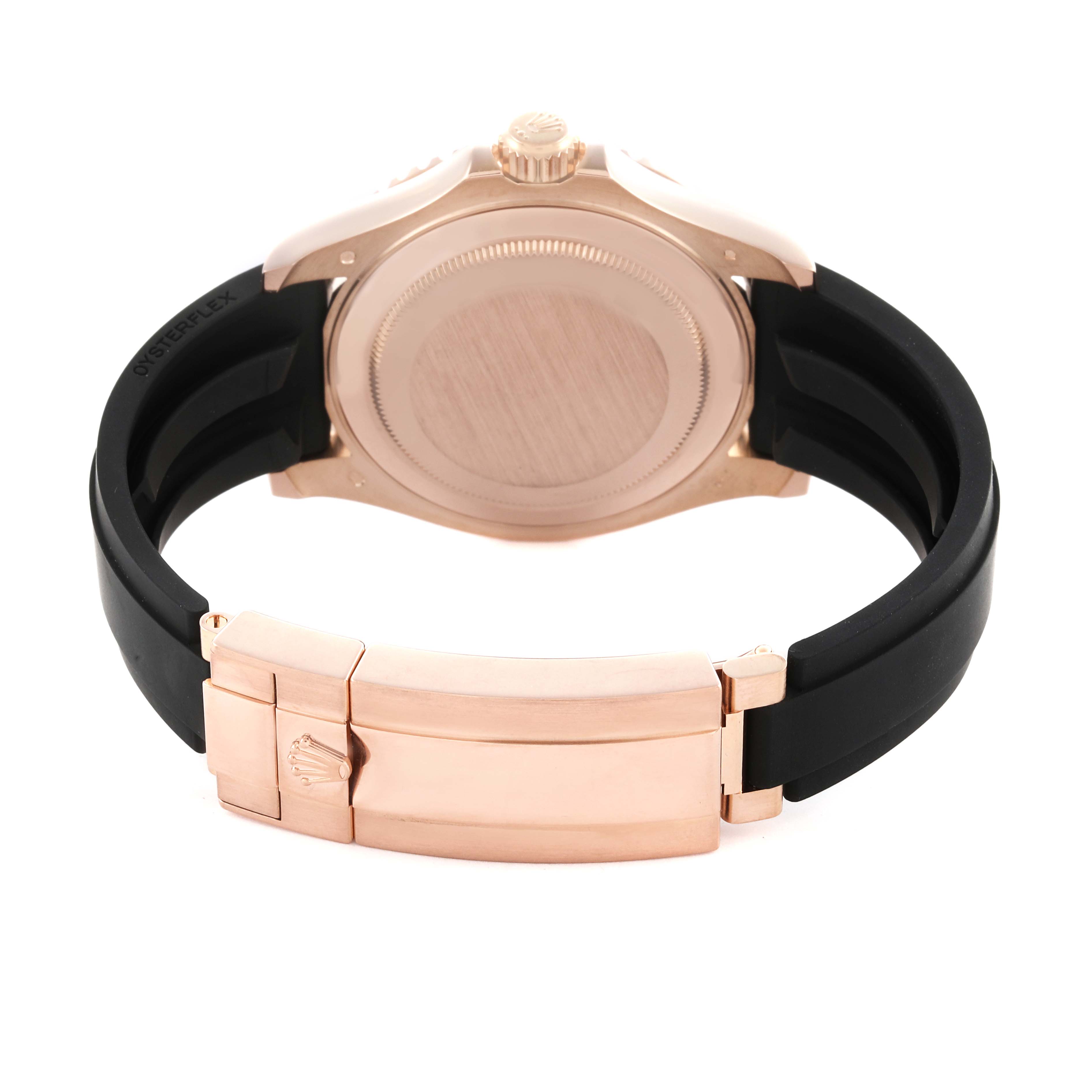 The image shows the back case and clasp of a Rolex Yacht-Master 126655 Men's Rose Gold Black Dial 126655 Men's Rose Gold Black Dial watch, highlighting the strap and buckle.