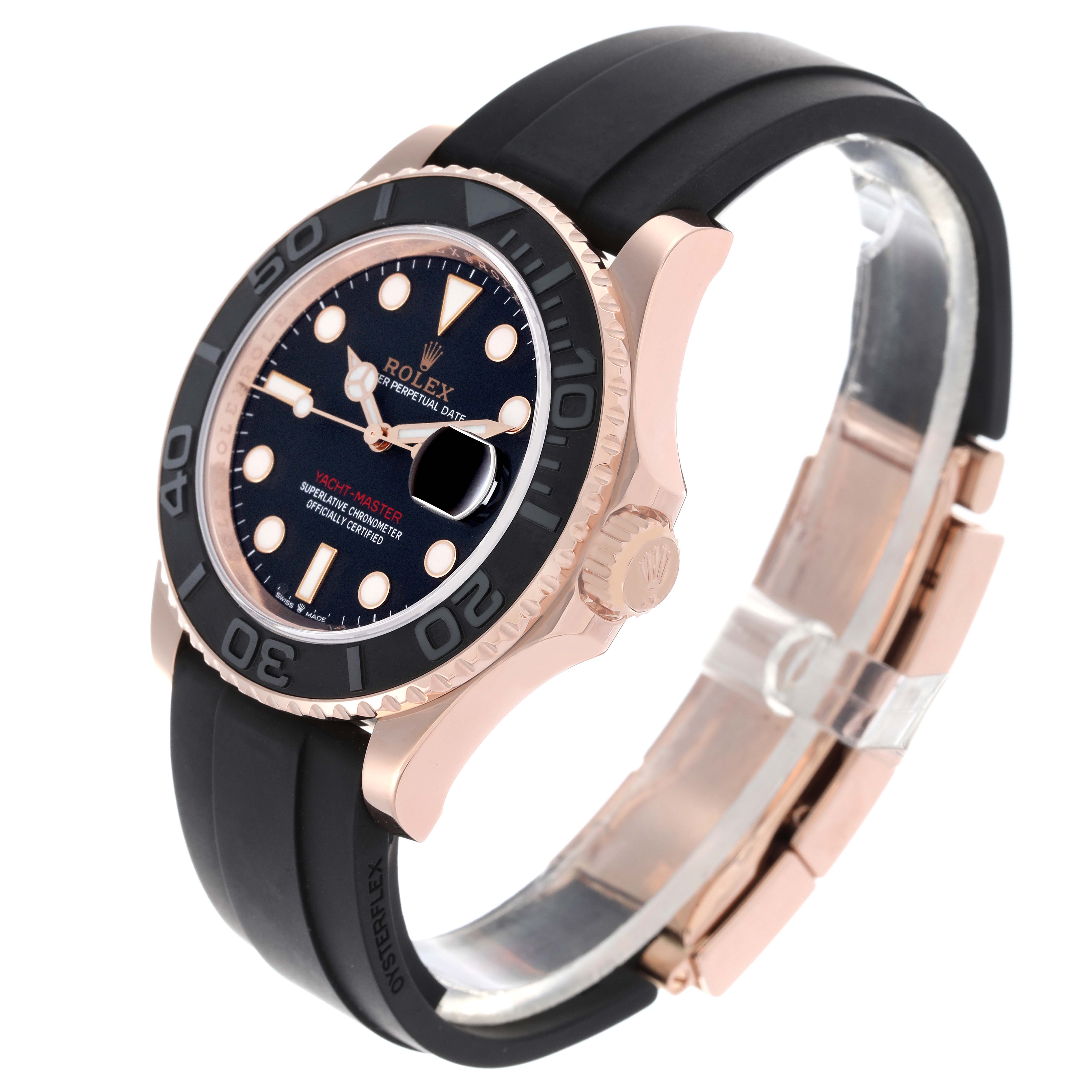 The Rolex Yacht-Master 126655 Men's Rose Gold Black Dial 126655 Men's Rose Gold Black Dial is shown from a side angle highlighting the watch face, bezel, crown, and rubber strap.
