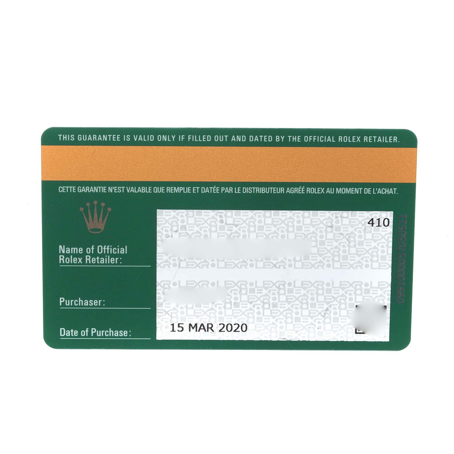 This image shows the guarantee card for a Rolex Yacht-Master 126655 Men's Rose Gold Black Dial 126655 Men's Rose Gold Black Dial watch, displaying purchase details.