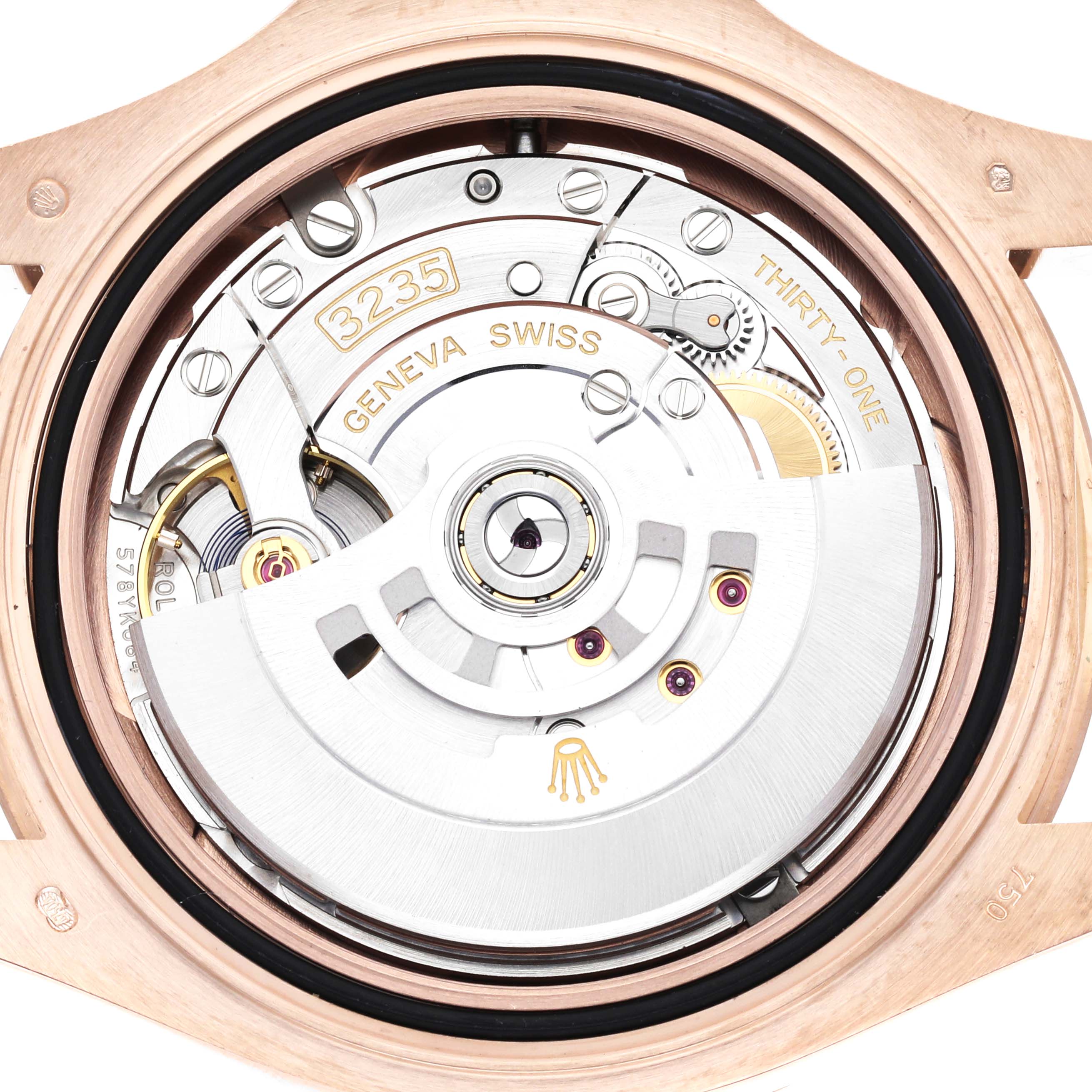 This image shows the movement of a Rolex Yacht-Master 126655 Men's Rose Gold Black Dial 126655 Men's Rose Gold Black Dial watch from the rear, revealing its intricate mechanical components.