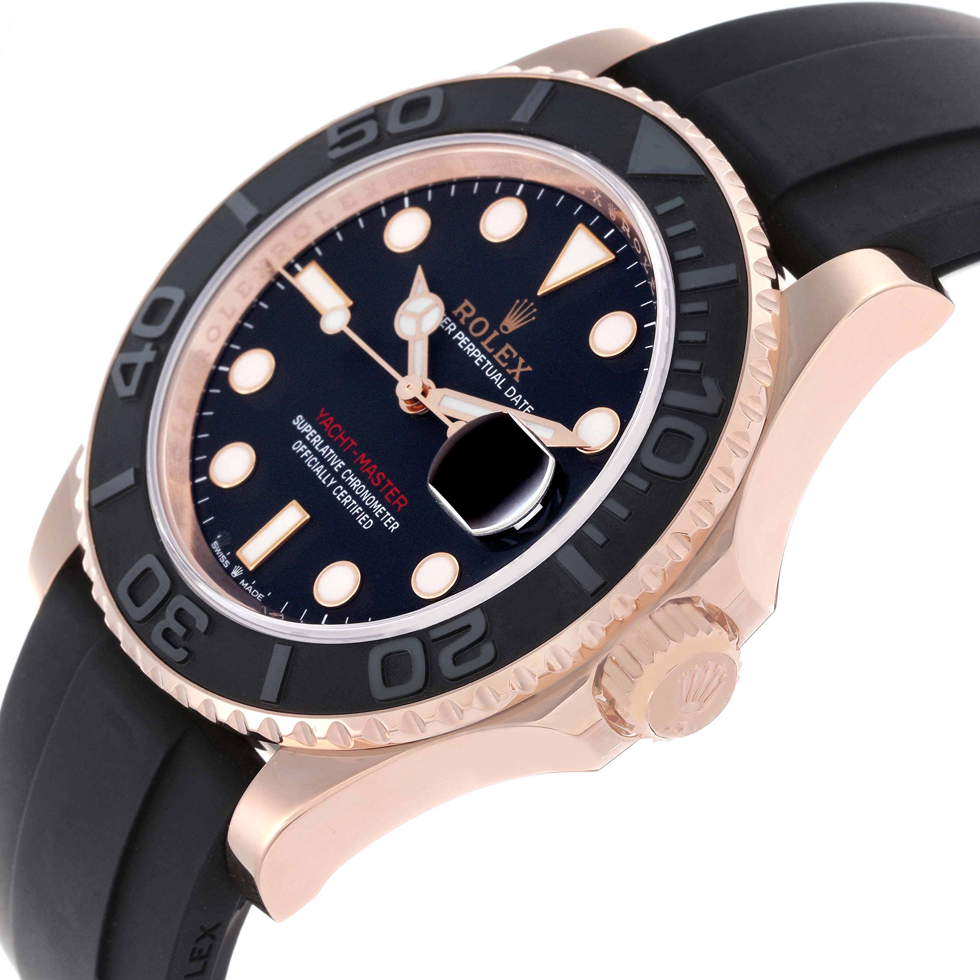 The Rolex Yacht-Master 126655 Men's Rose Gold Black Dial 126655 Men's Rose Gold Black Dial watch is shown at an angled view, displaying the bezel, dial, crown, and part of the strap.