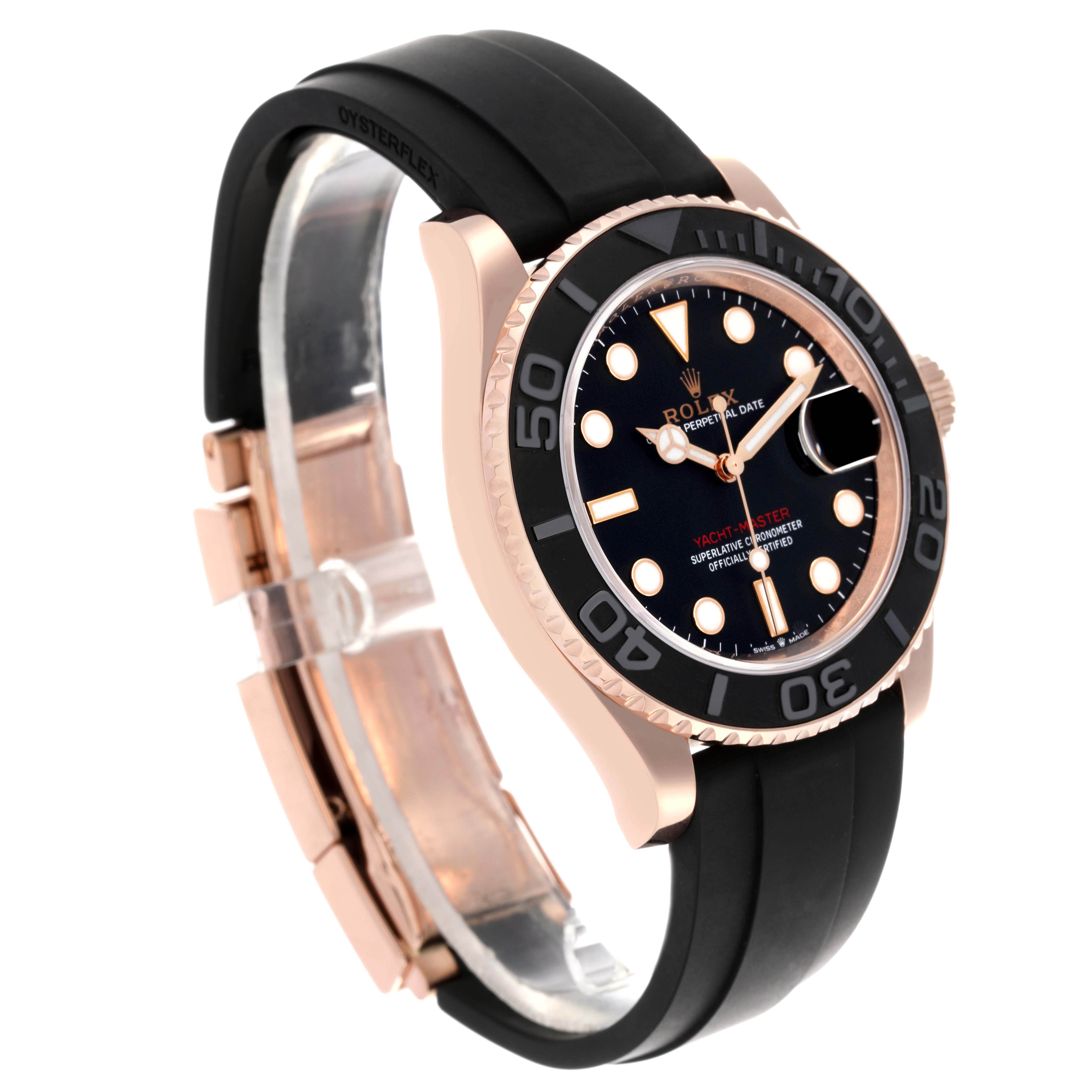 The Rolex Yacht-Master 126655 Men's Rose Gold Black Dial 126655 Men's Rose Gold Black Dial watch is shown at an angle displaying the face, bezel, and part of the strap.
