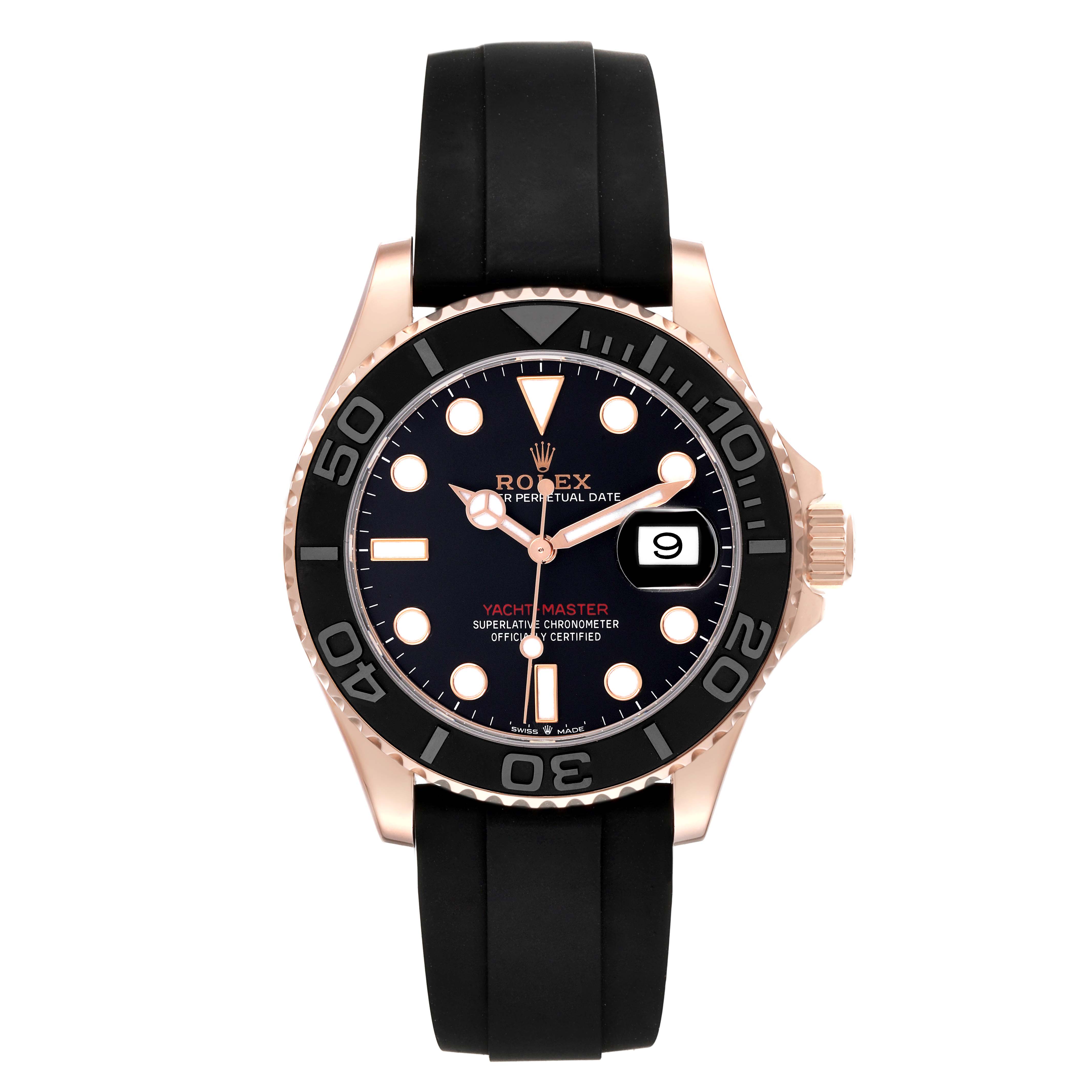 The Rolex Yacht-Master 126655 Men's Rose Gold Black Dial 126655 Men's Rose Gold Black Dial watch is shown from a front view, displaying its face, bezel, crown, and strap.