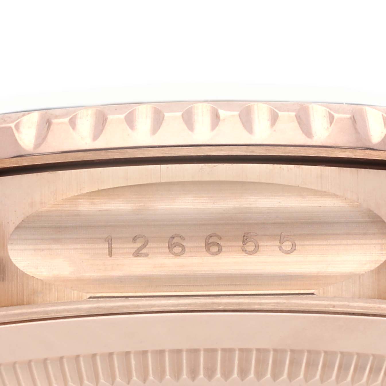 The image shows a side view of the Rolex Yacht-Master 126655 Men's Rose Gold Black Dial 126655 Men's Rose Gold Black Dial, highlighting the model number engraved on the case side.
