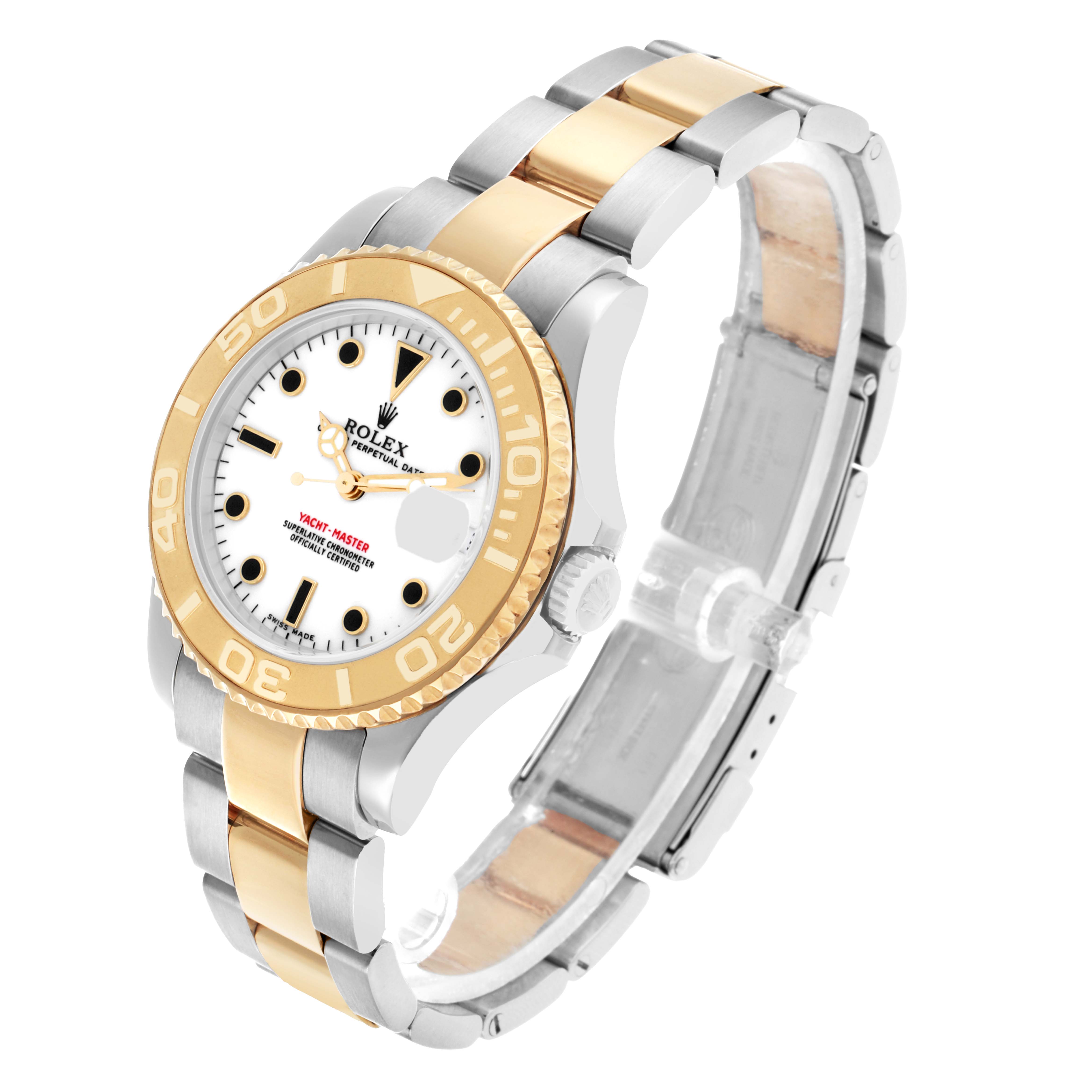 The Rolex Yacht-Master 168623 Men's Steel and Gold (two tone) White Dial watch is shown at an angle highlighting its bezel, dial, and bracelet.