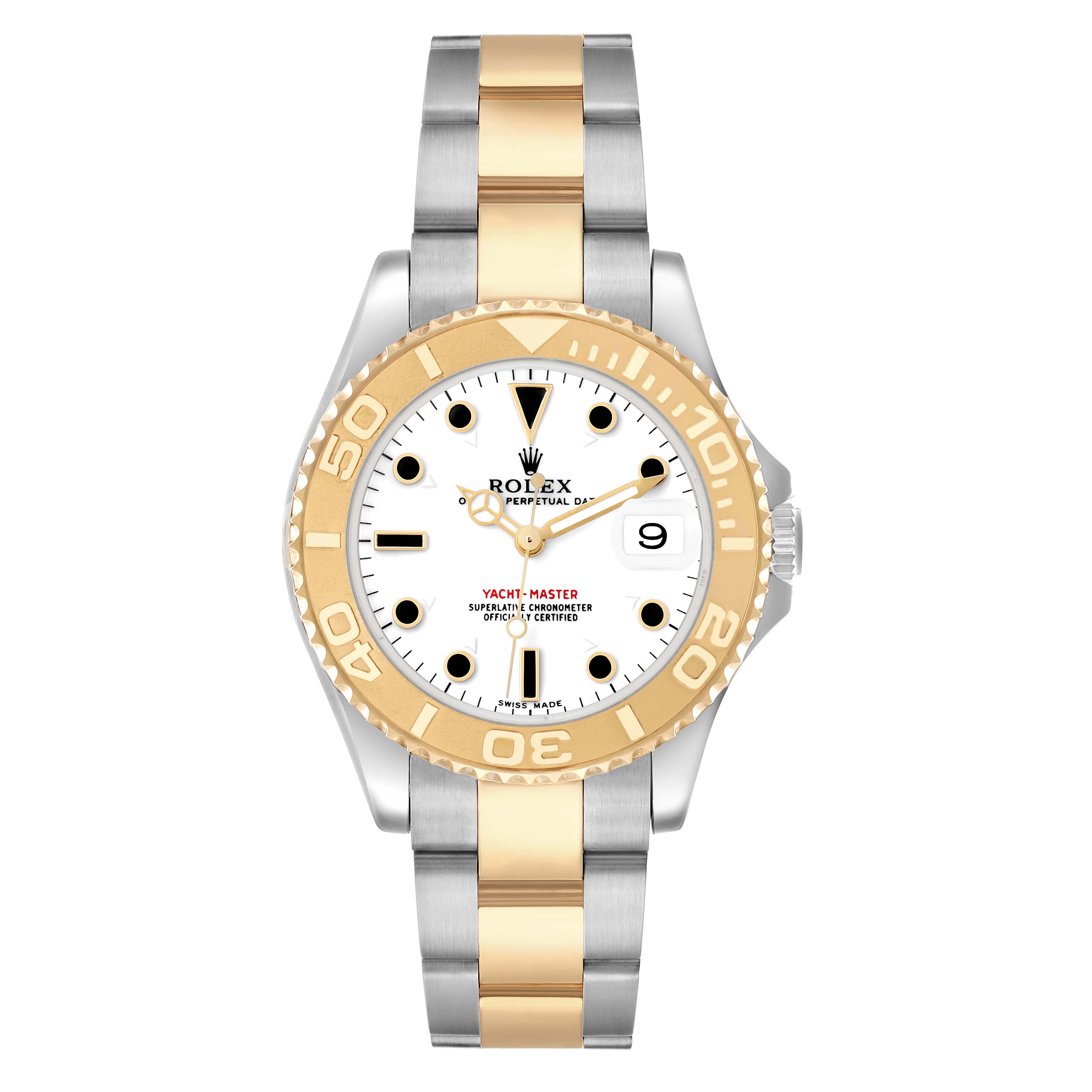 The Rolex Yacht-Master 168623 Men's Steel and Gold (two tone) White Dial is shown straight-on, displaying the dial, bezel, and two-tone bracelet.