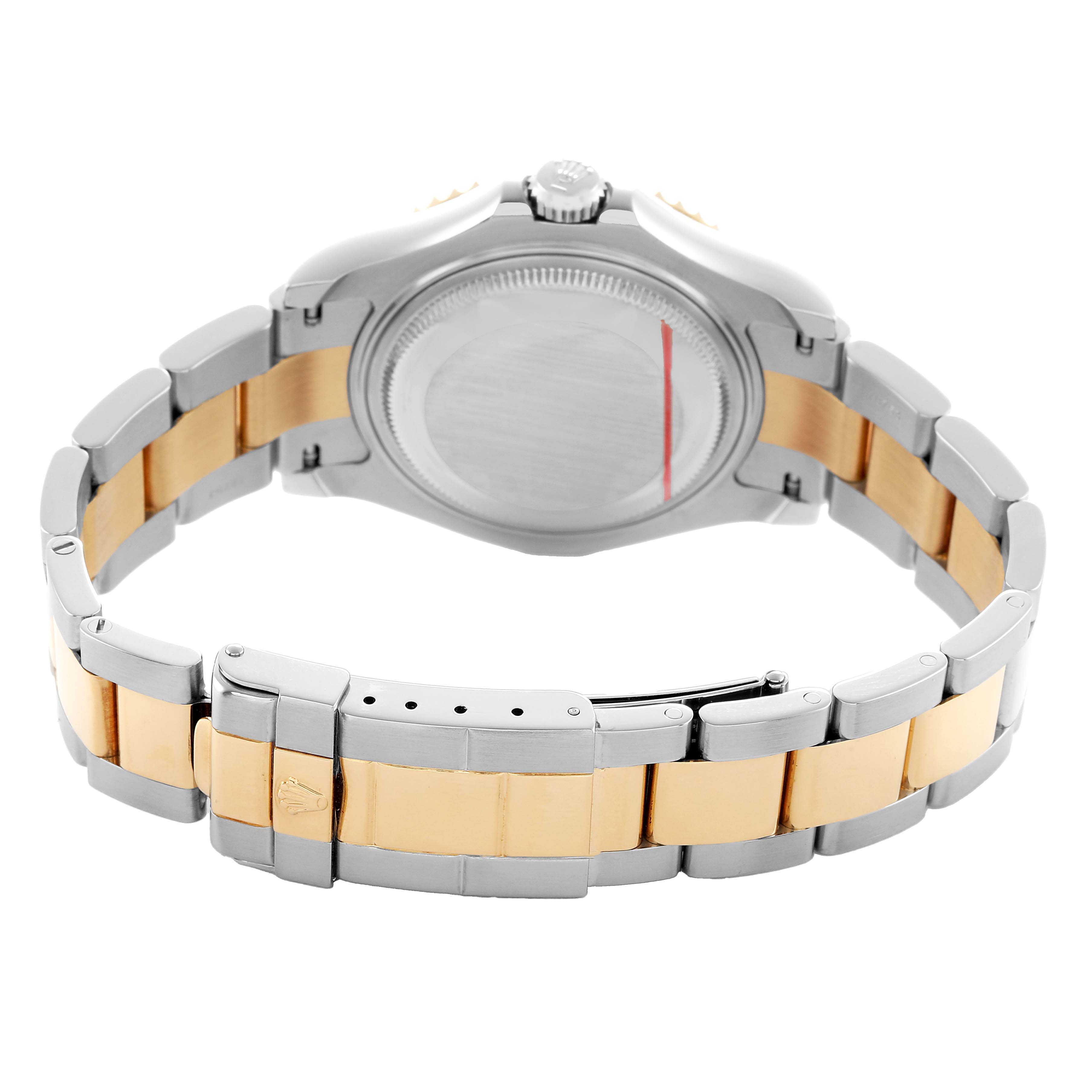 The image shows the back view of a Rolex Yacht-Master 168623 Men's Steel and Gold (two tone) White Dial watch, highlighting its two-tone metal bracelet and clasp.
