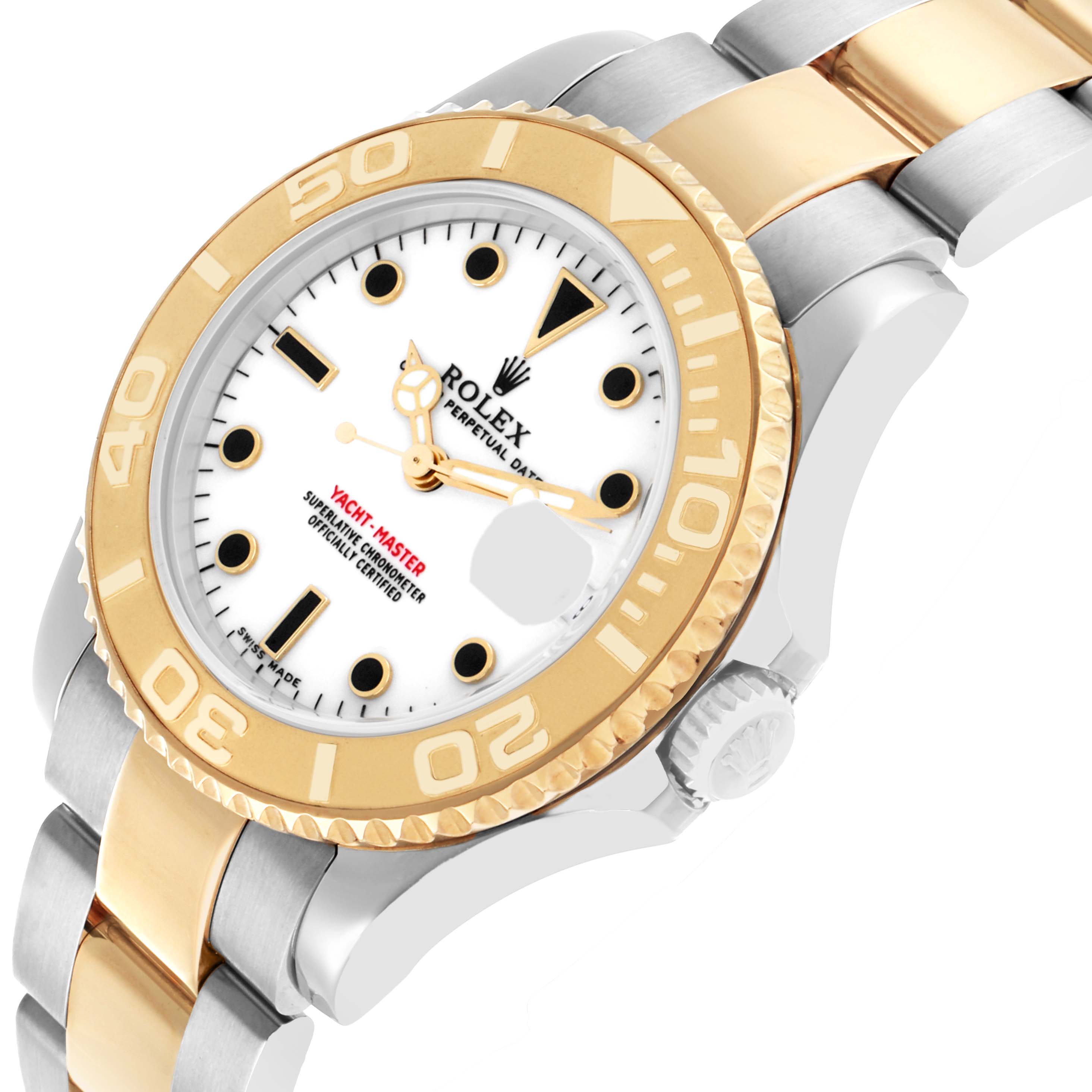 The Rolex Yacht-Master 168623 Men's Steel and Gold (two tone) White Dial watch is shown from an angled side view, highlighting its bezel, dial, crown, and part of the bracelet.