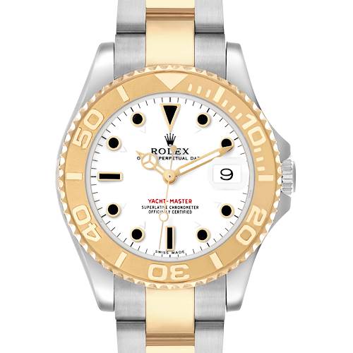 The image shows a front view of the Rolex Yacht-Master 168623 Men's Steel and Gold (two tone) White Dial watch, highlighting the bezel, dial, hands, bracelet, and date window.