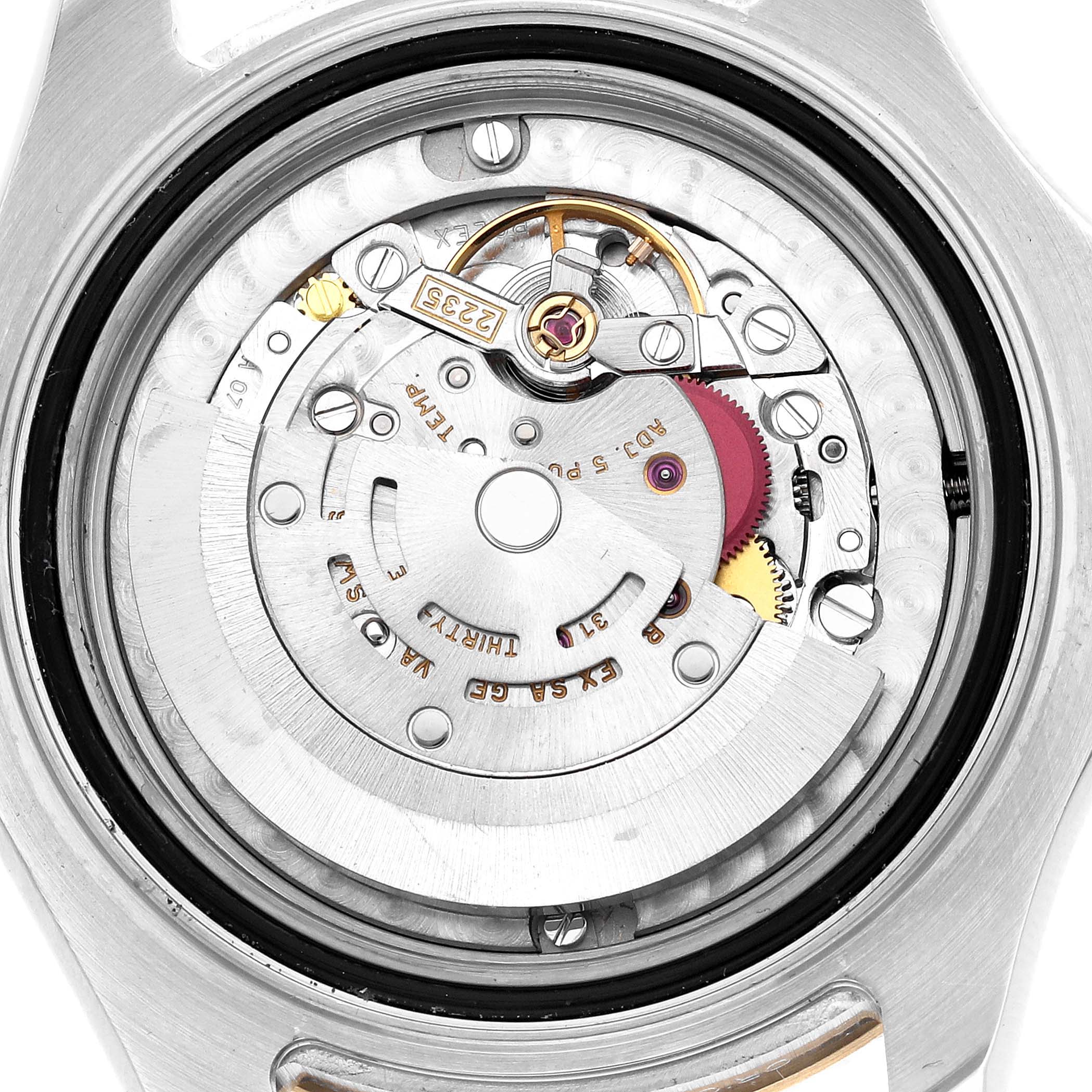 The image shows the internal movement mechanism of a Rolex Yacht-Master 168623 Men's Steel and Gold (two tone) White Dial, viewed from the back.