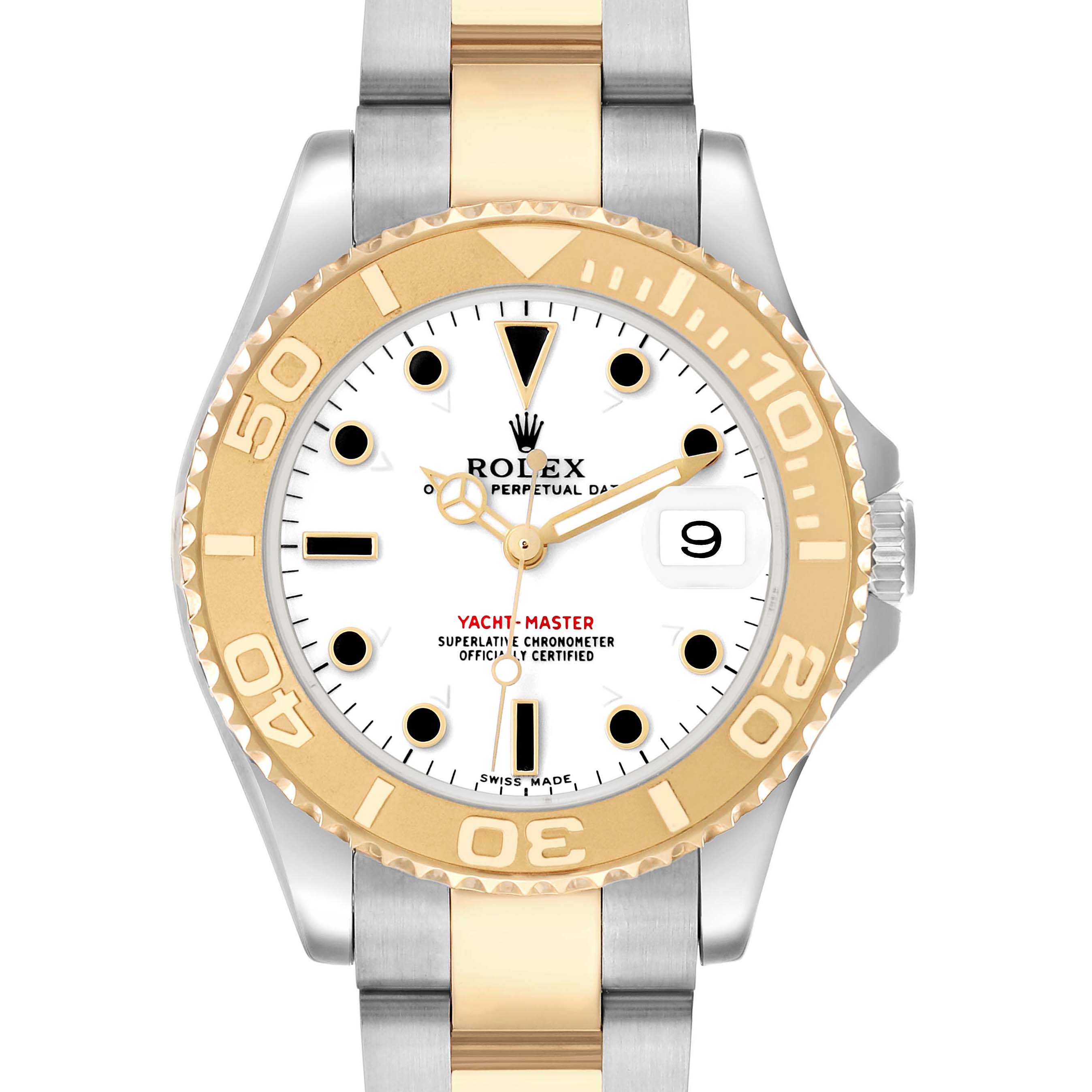 The Rolex Yacht-Master 168623 Men's Steel and Gold (two tone) White Dial is shown from a top-down angle, featuring its bezel, dial, hands, bracelet, and date window.