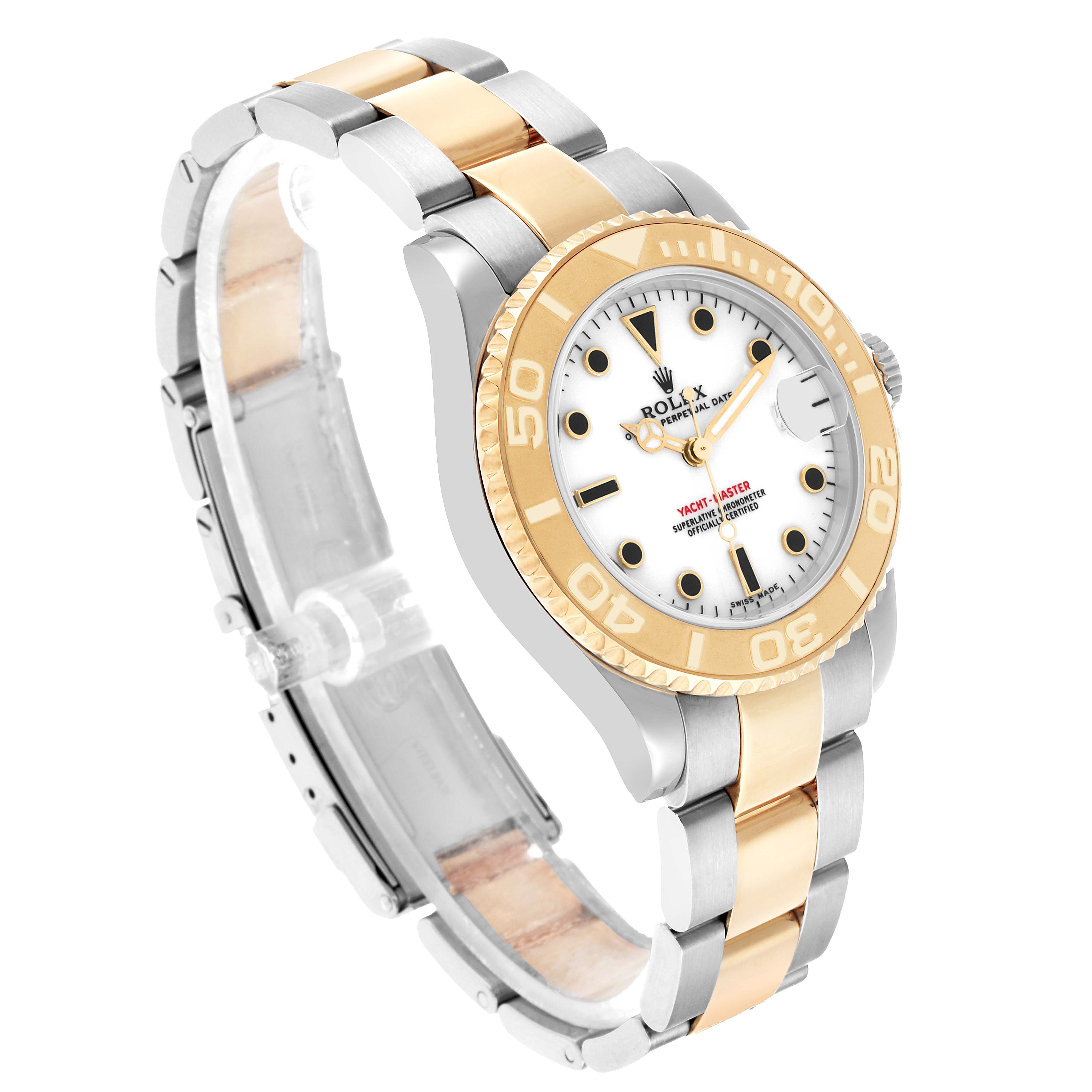 This Rolex Yacht-Master 168623 Men's Steel and Gold (two tone) White Dial watch is shown at a three-quarter angle, highlighting the bezel, dial, and two-tone bracelet.