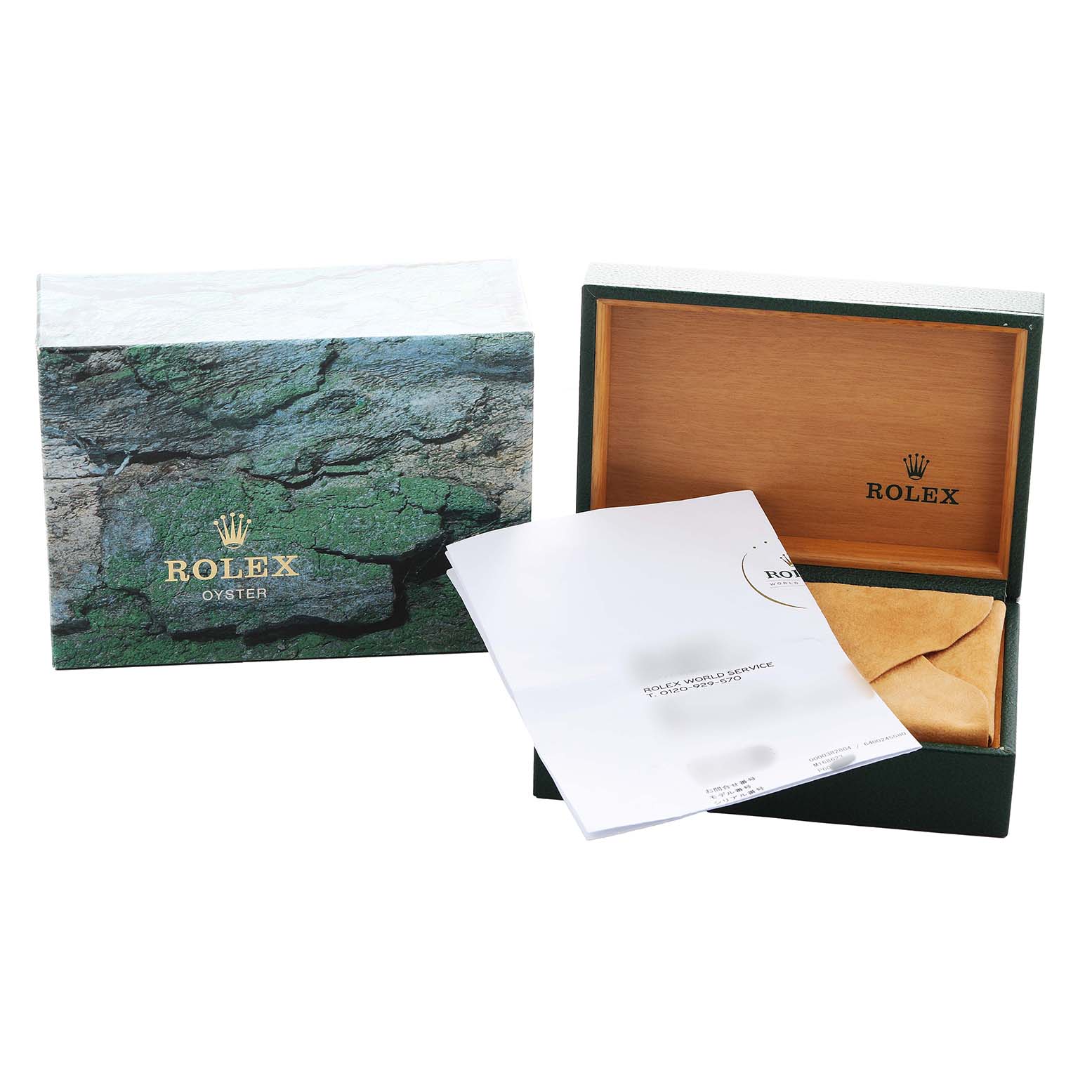 The image shows the packaging and accessories for a Rolex Yacht-Master 168623 Men's Steel and Gold (two tone) White Dial, featuring a box and documentation.