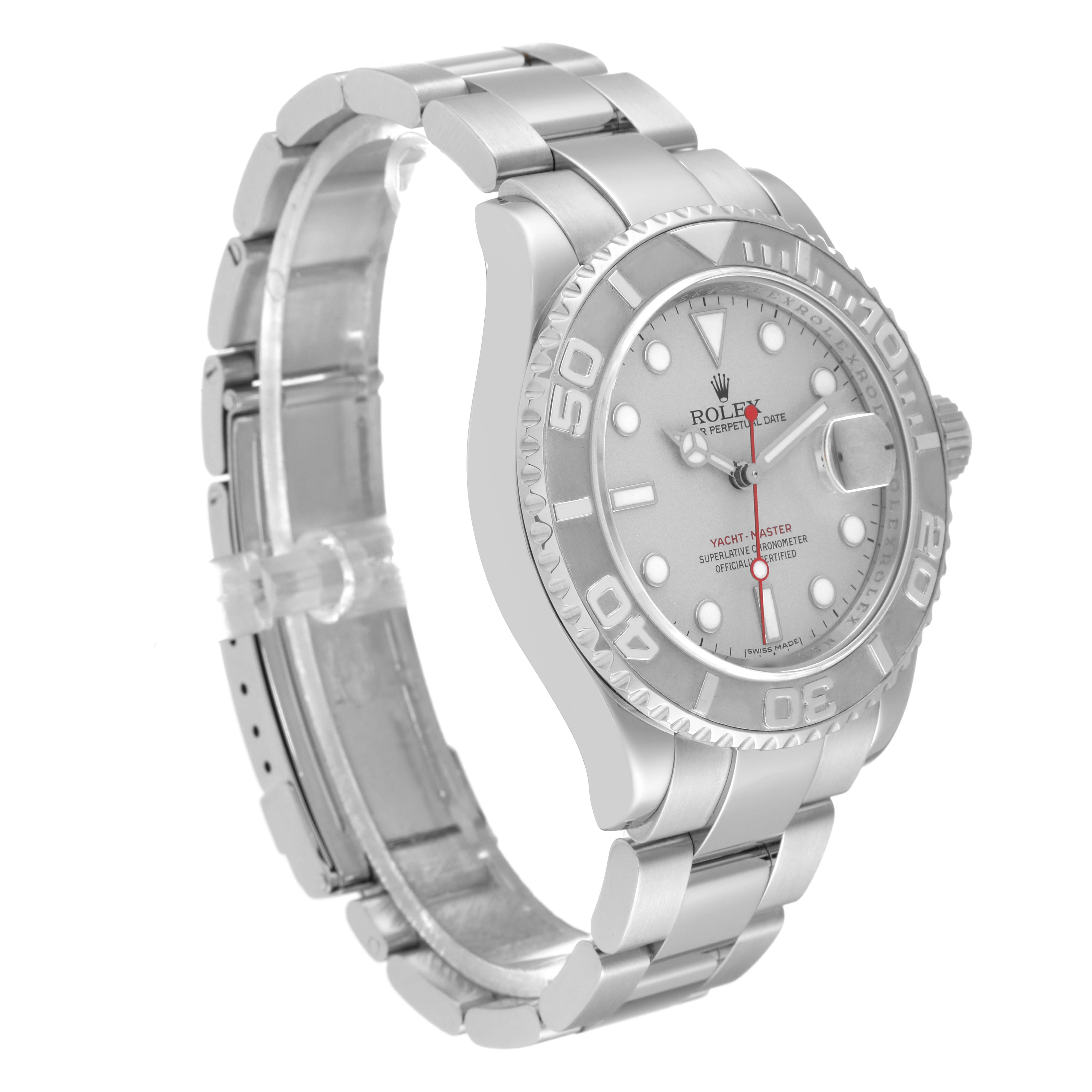 The image shows a Rolex Yacht-Master 16622 Men's Stainless Steel Silver Dial 16622 Men's Stainless Steel Silver Dial watch at a slight angle, displaying the face, bezel, and part of the bracelet.